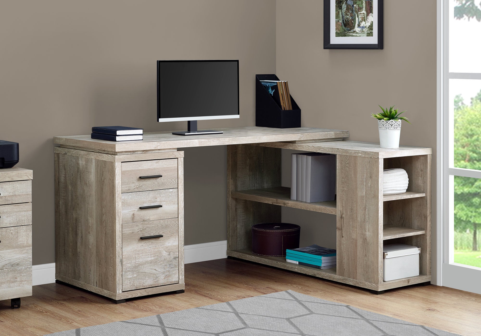 BUREAU D'ORDINATEUR - BOIS DE RÉCUPÉRATION TAUPE COIN G/D FAÇADE 