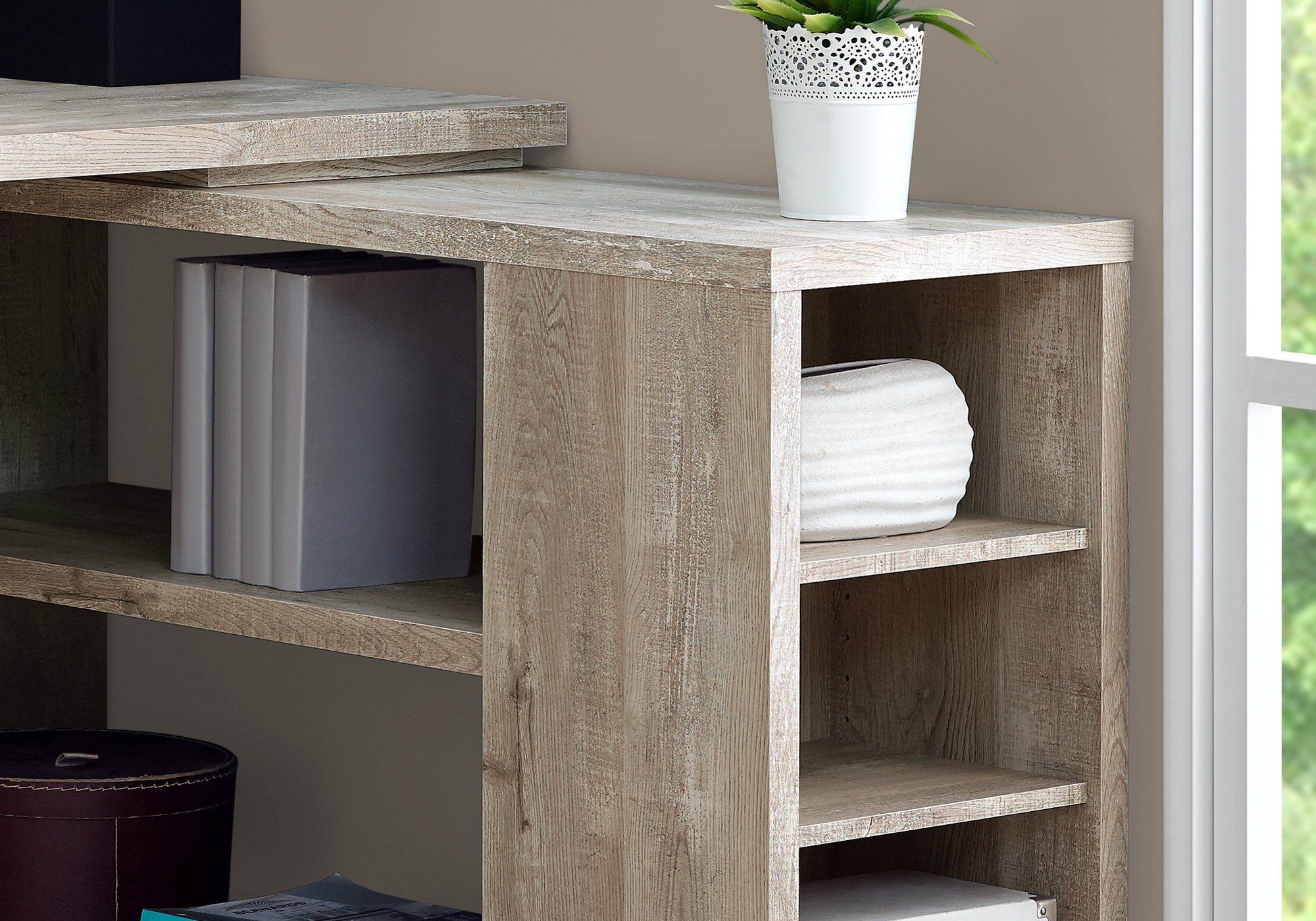 BUREAU D'ORDINATEUR - BOIS DE RÉCUPÉRATION TAUPE COIN G/D FAÇADE 