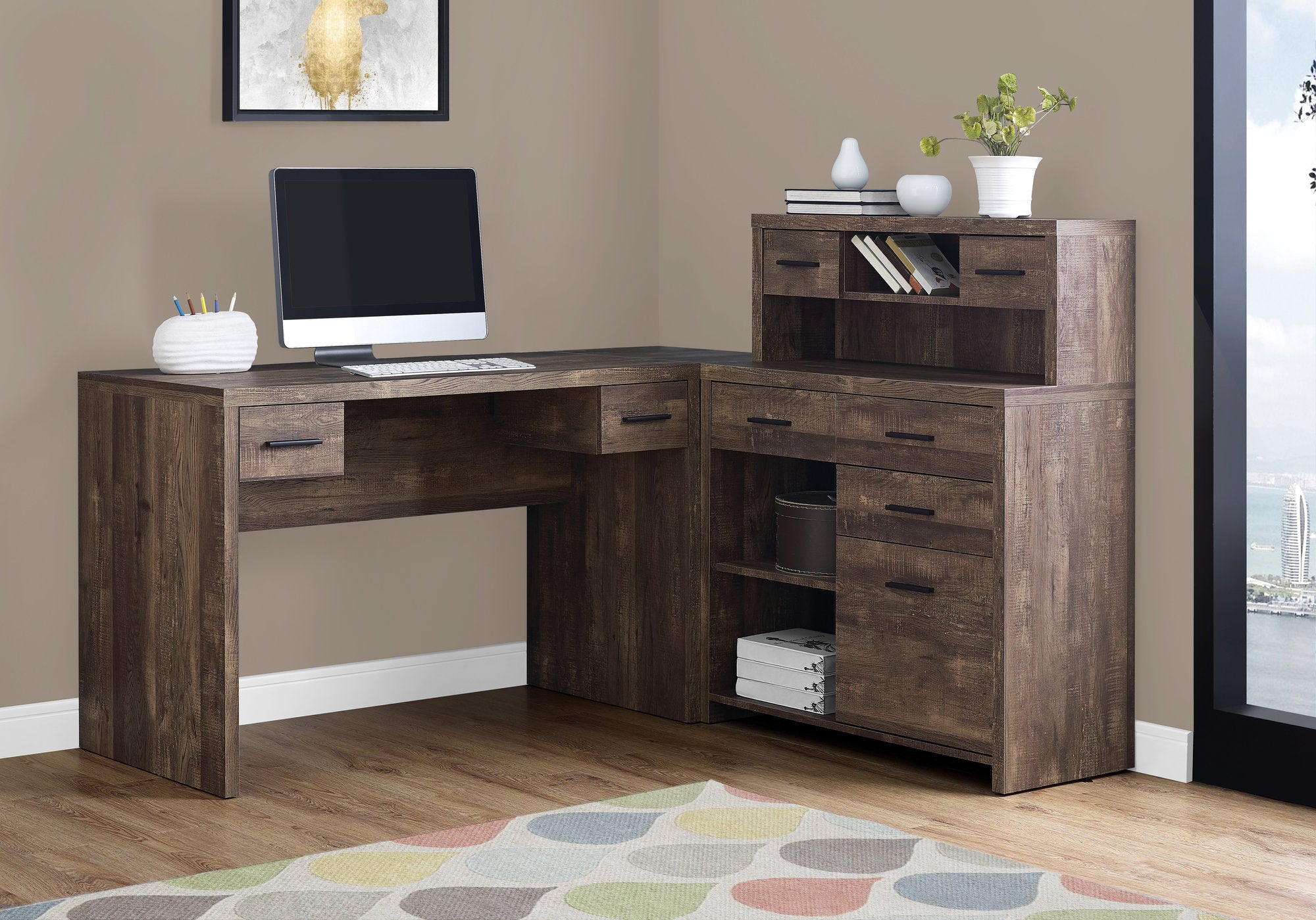 BUREAU D'ORDINATEUR - BOIS DE RÉCUPÉRATION BRUN COIN G/D FAÇADE 