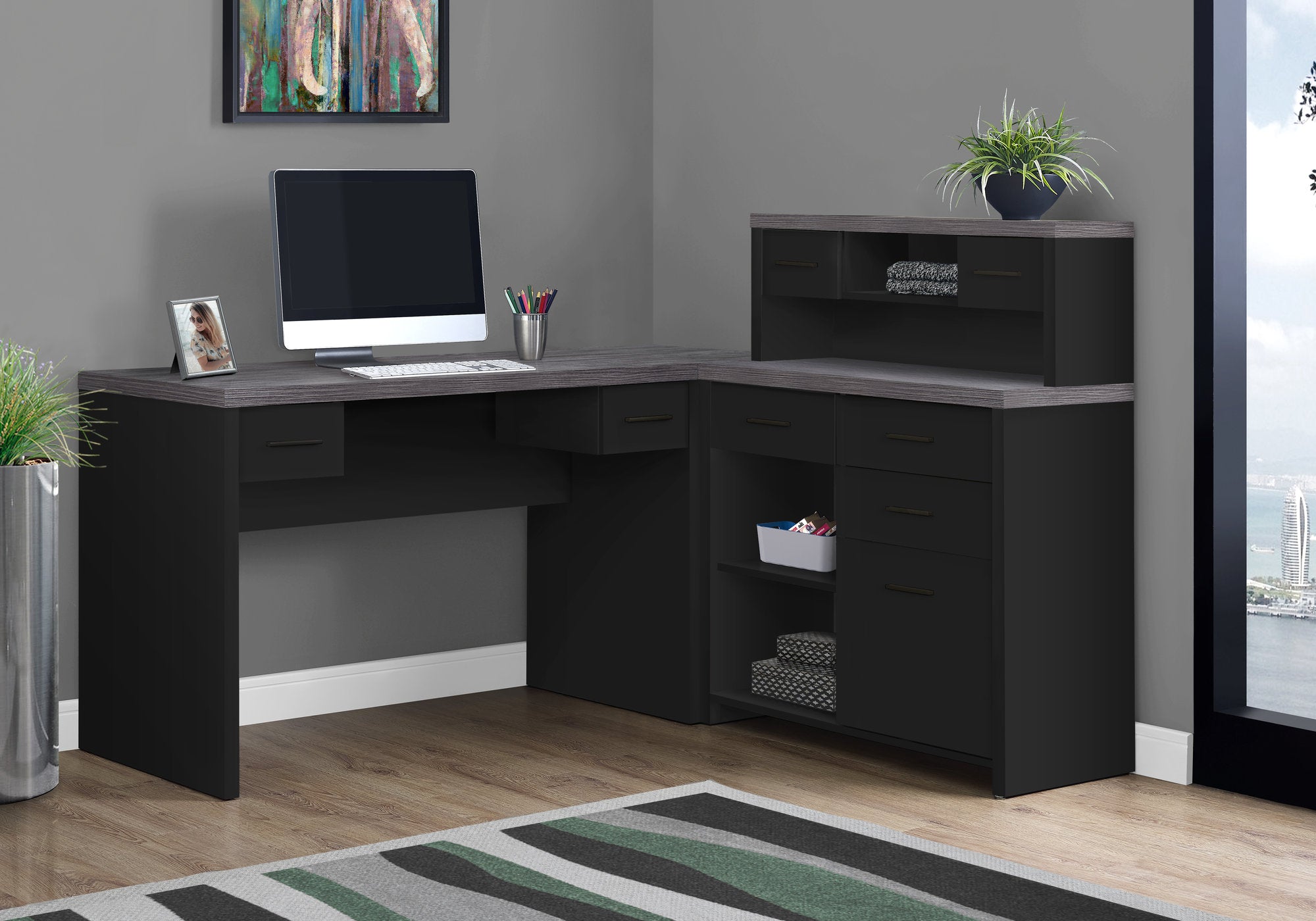 BUREAU D'ORDINATEUR - DESSUS NOIR / GRIS COIN GAUCHE/DROITE 