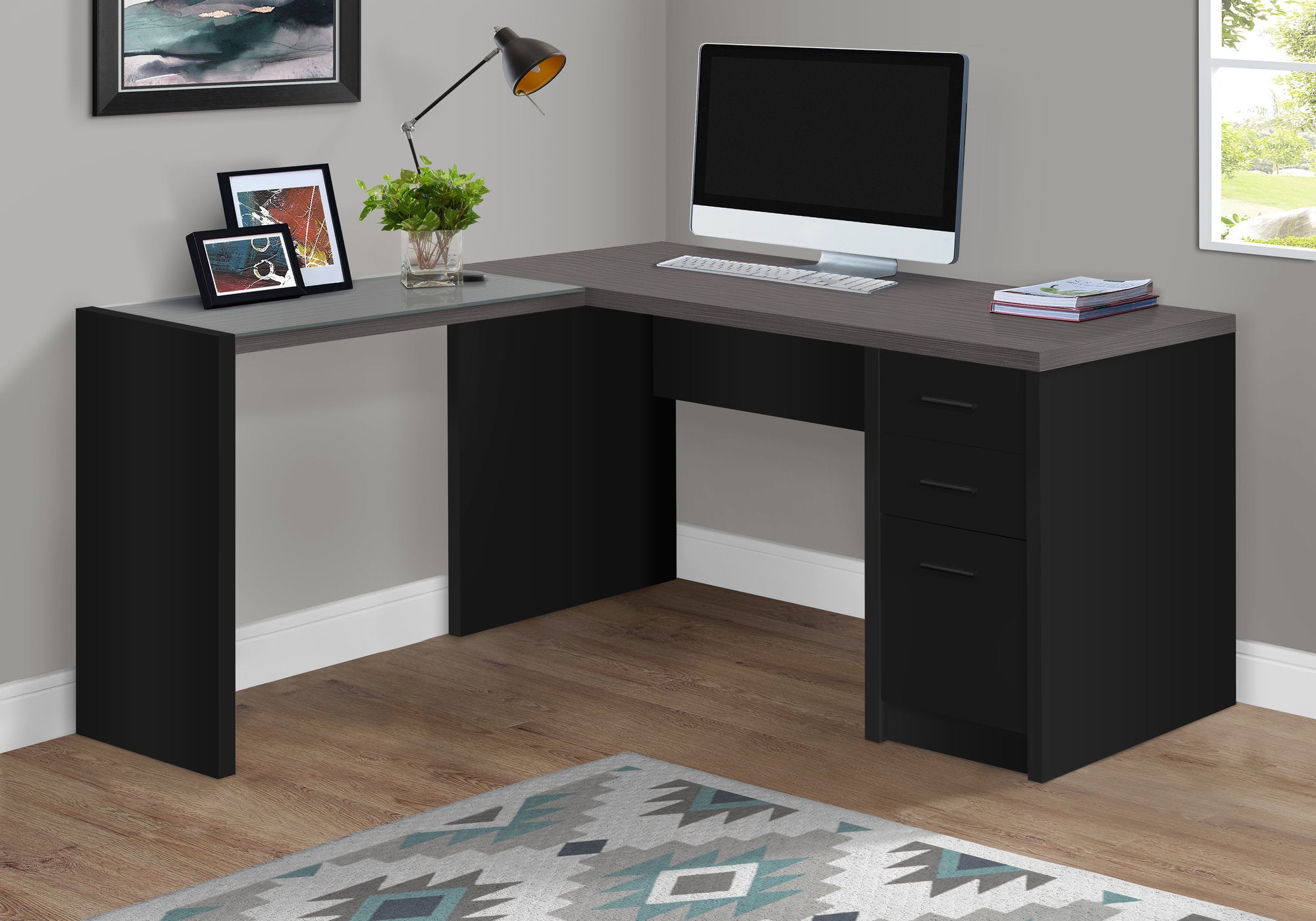 BUREAU D'ORDINATEUR - COIN SUPÉRIEUR NOIR / GRIS AVEC VERRE TREMPÉ 