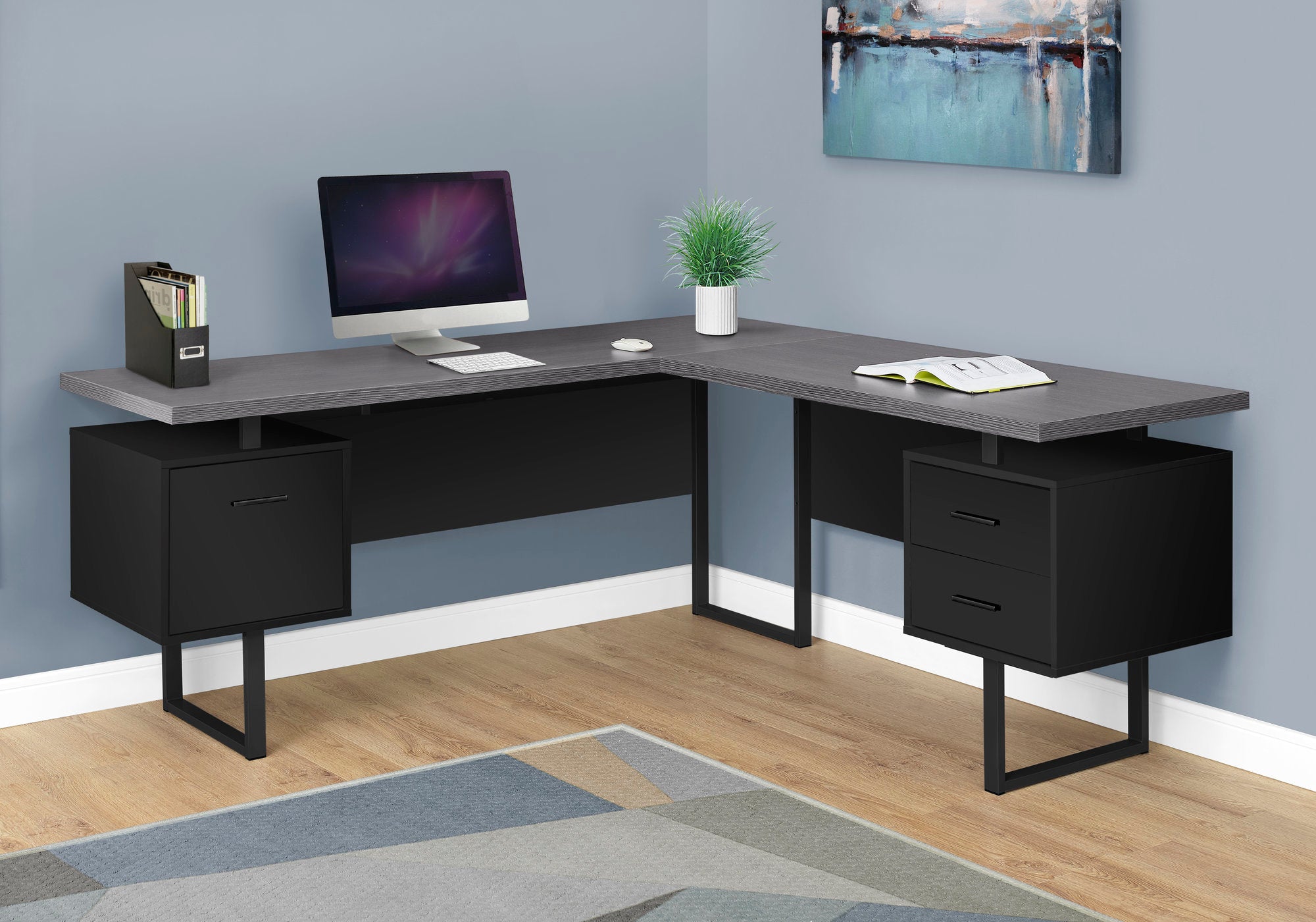 BUREAU D'ORDINATEUR - 70"L / NOIR / DESSUS GRIS ORIENTATION GAUCHE/DROITE 
