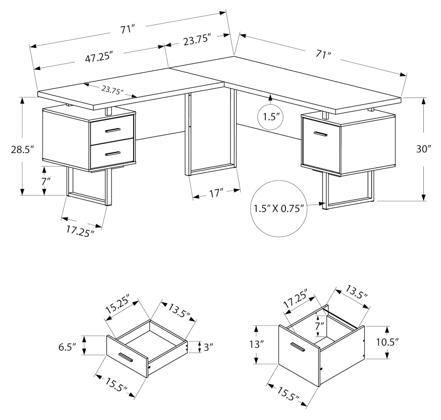 BUREAU D'ORDINATEUR - 70"L / NOIR / DESSUS GRIS ORIENTATION GAUCHE/DROITE 