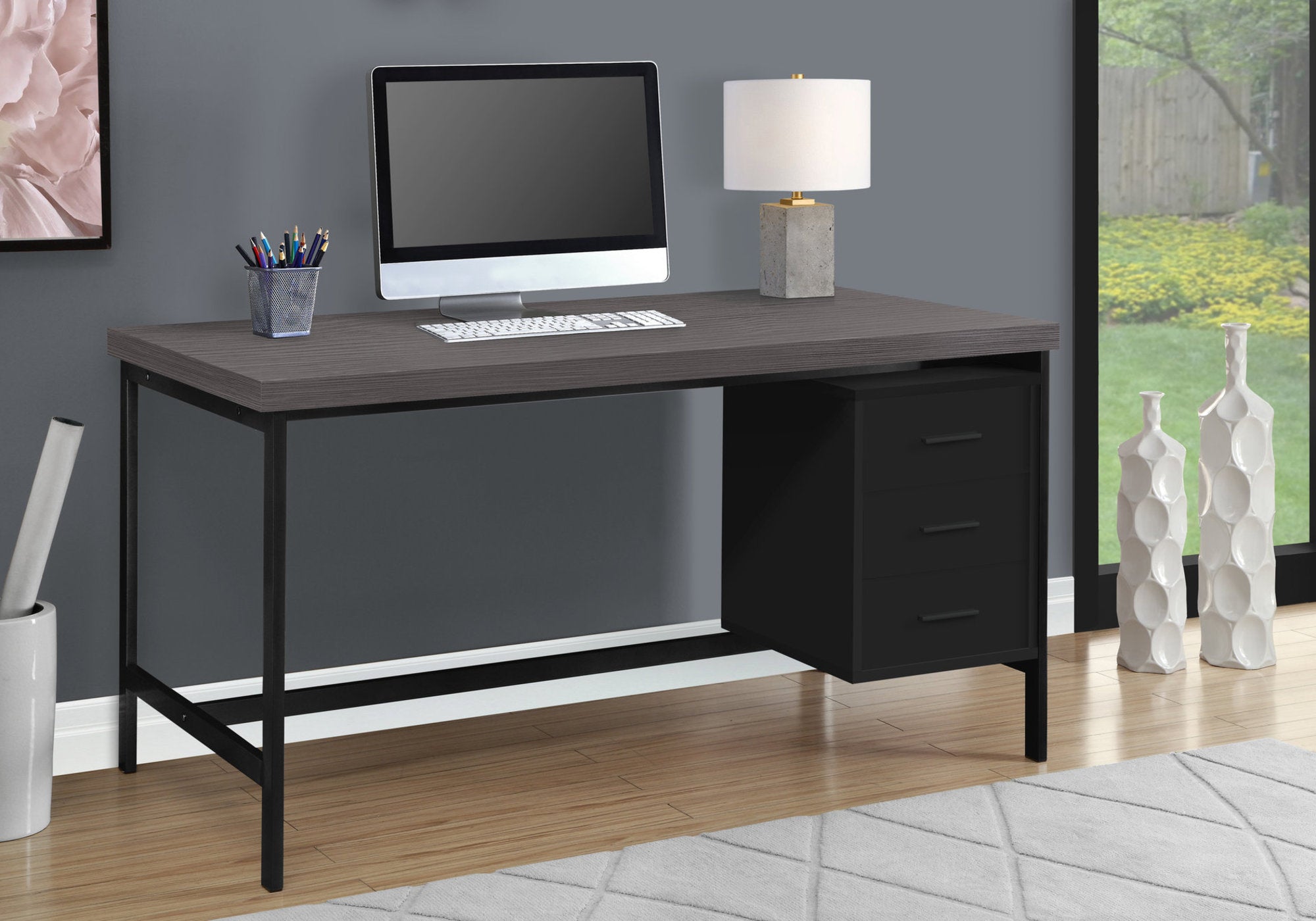 BUREAU D'ORDINATEUR - 60"L / NOIR / DESSUS GRIS / METAL NOIR 