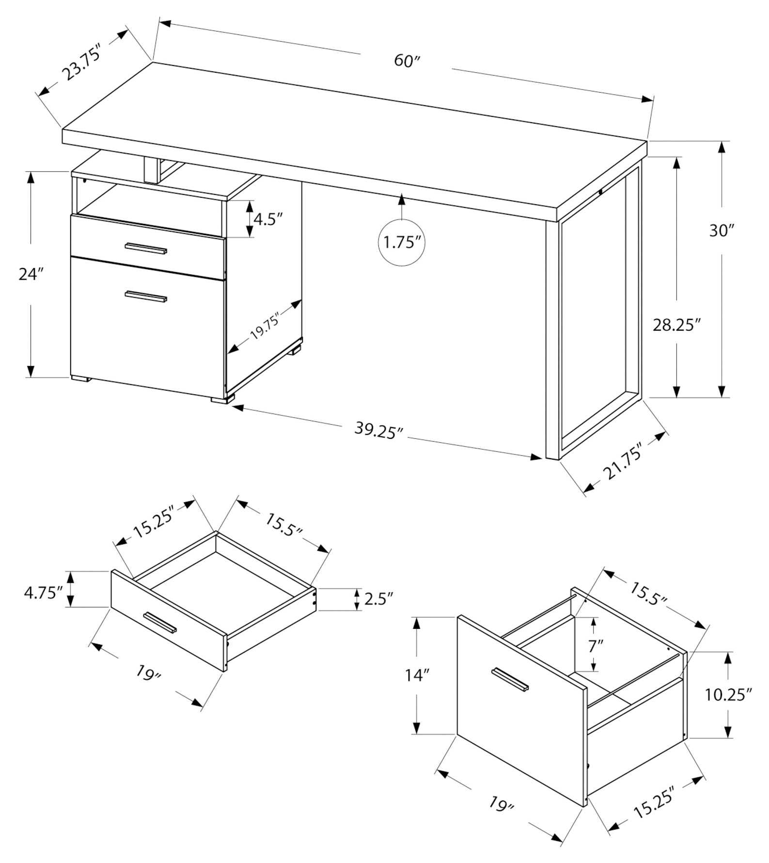 BUREAU D'ORDINATEUR - 60"L / NOIR / DESSUS GRIS / METAL NOIR 