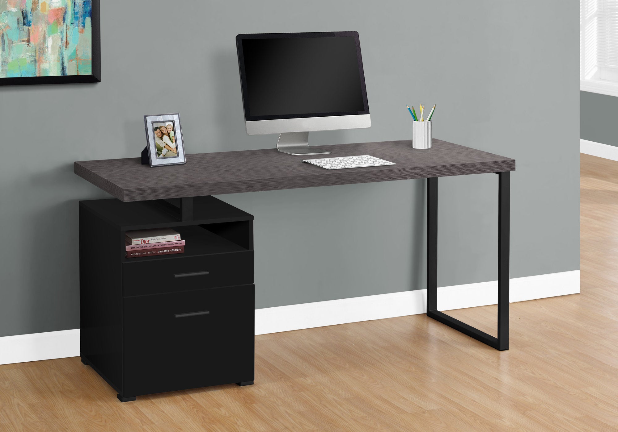 BUREAU D'ORDINATEUR - 60"L / NOIR / DESSUS GRIS / METAL NOIR 