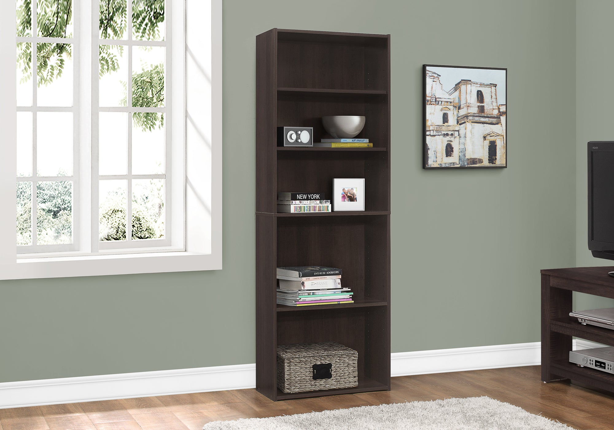 BIBLIOTHEQUE - 72"H / ESPRESSO AVEC 5 TABLETTES 