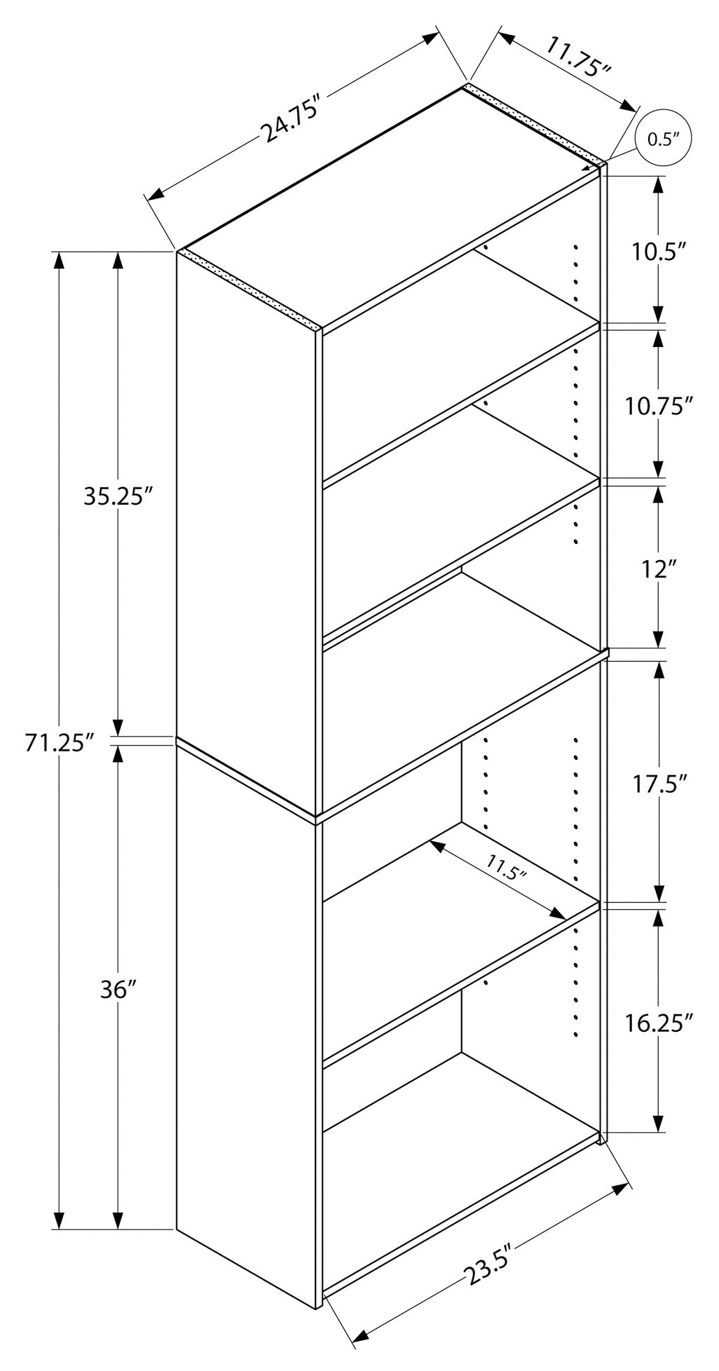 BIBLIOTHÈQUE - 72"H / TAUPE FONCÉ AVEC 5 TABLETTES 