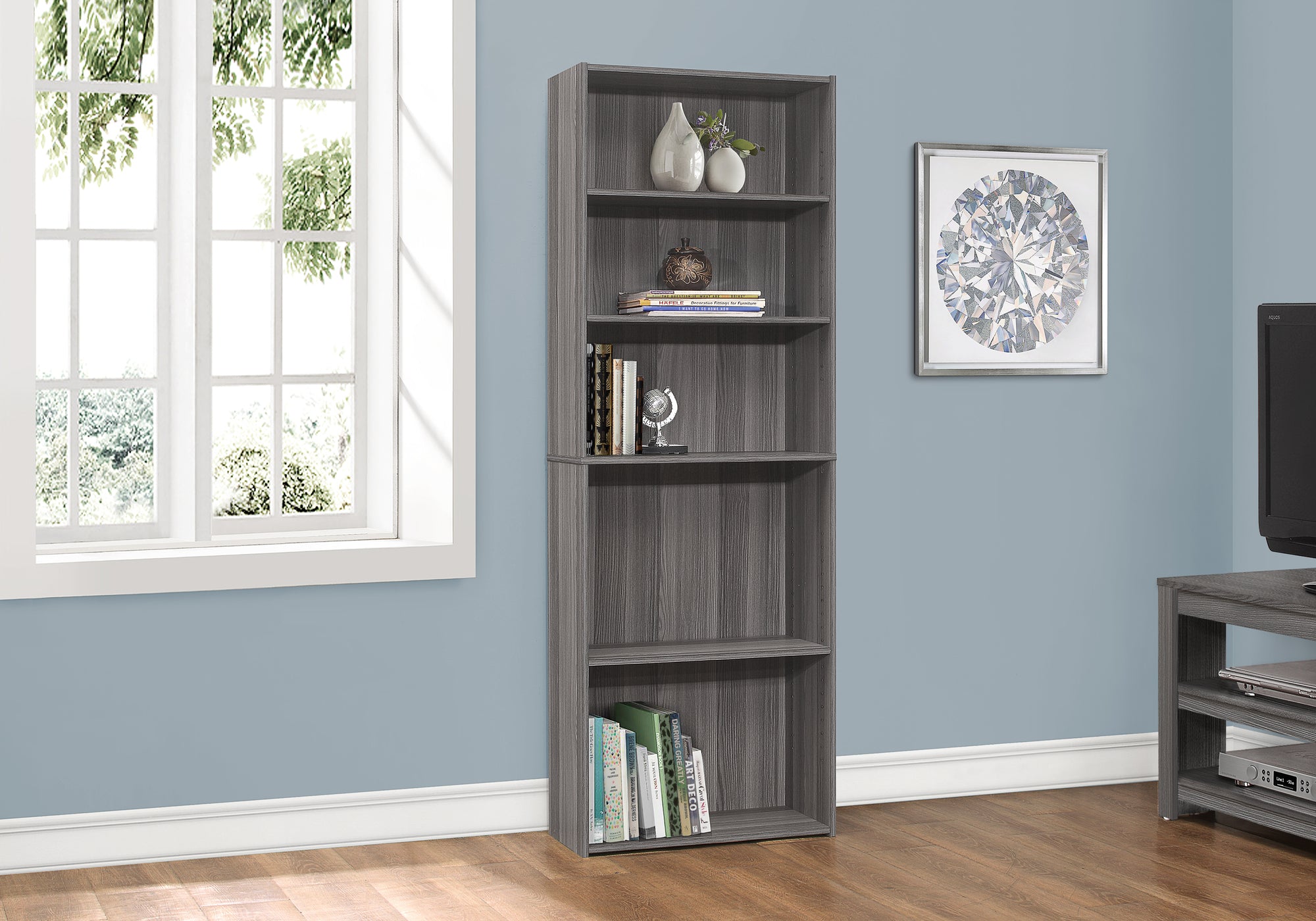 BIBLIOTHEQUE - 72"H / GRIS AVEC 5 TABLETTES 
