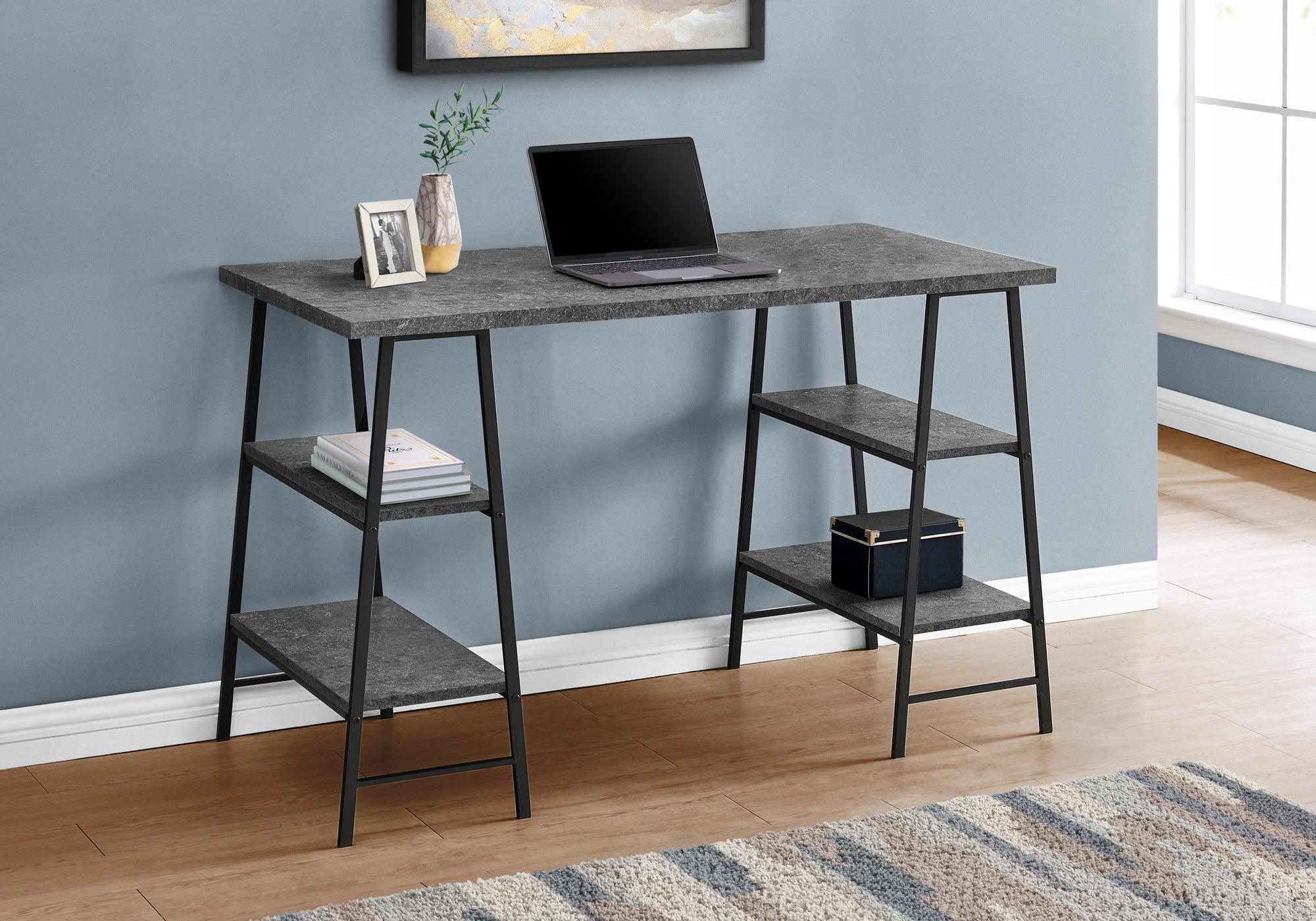 BUREAU D'ORDINATEUR - 48"L / SIMILI PIERRE GRIS / METAL NOIR 