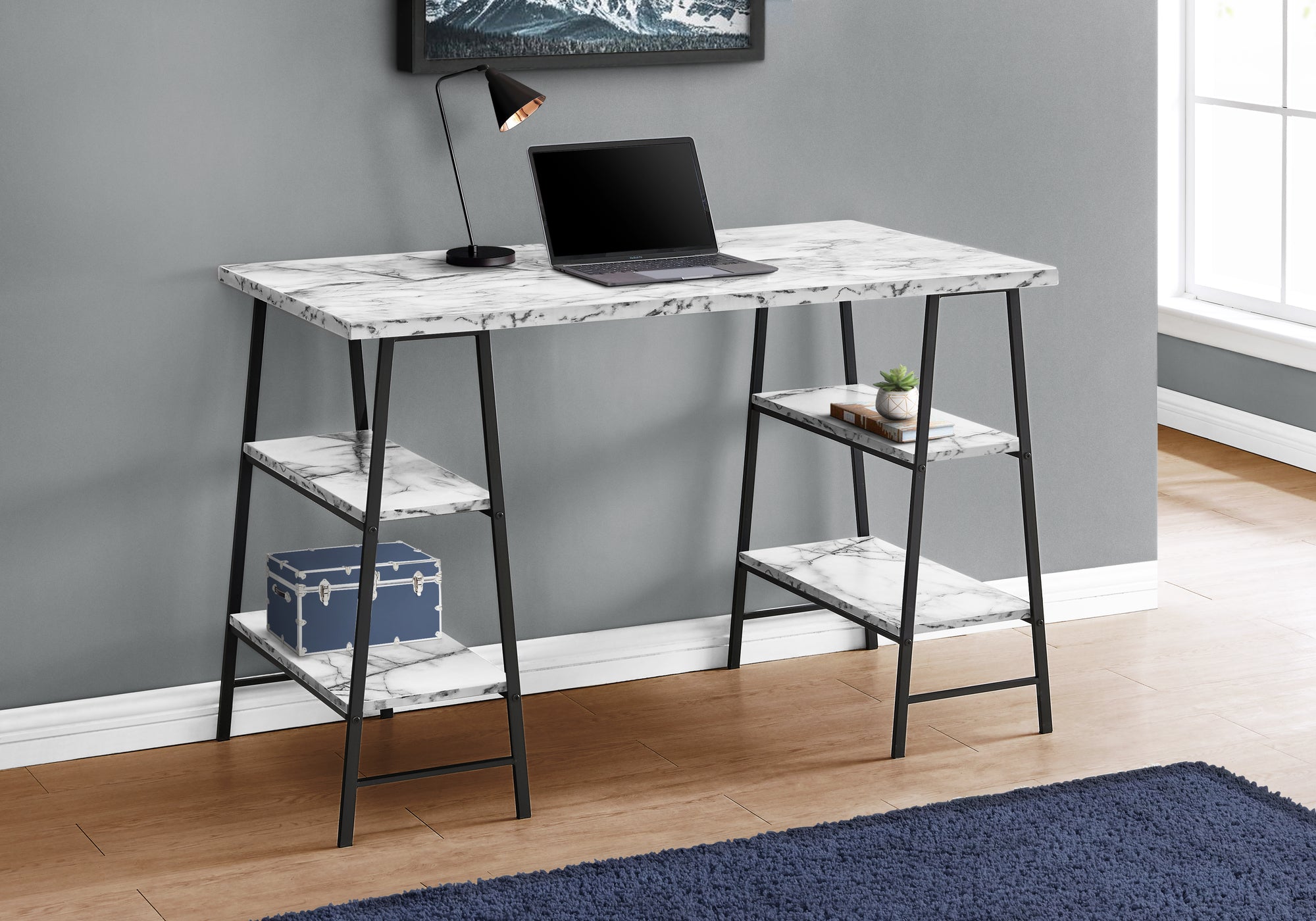 BUREAU D'ORDINATEUR - 48"L / ASPECT MARBRE BLANC / METAL NOIR 