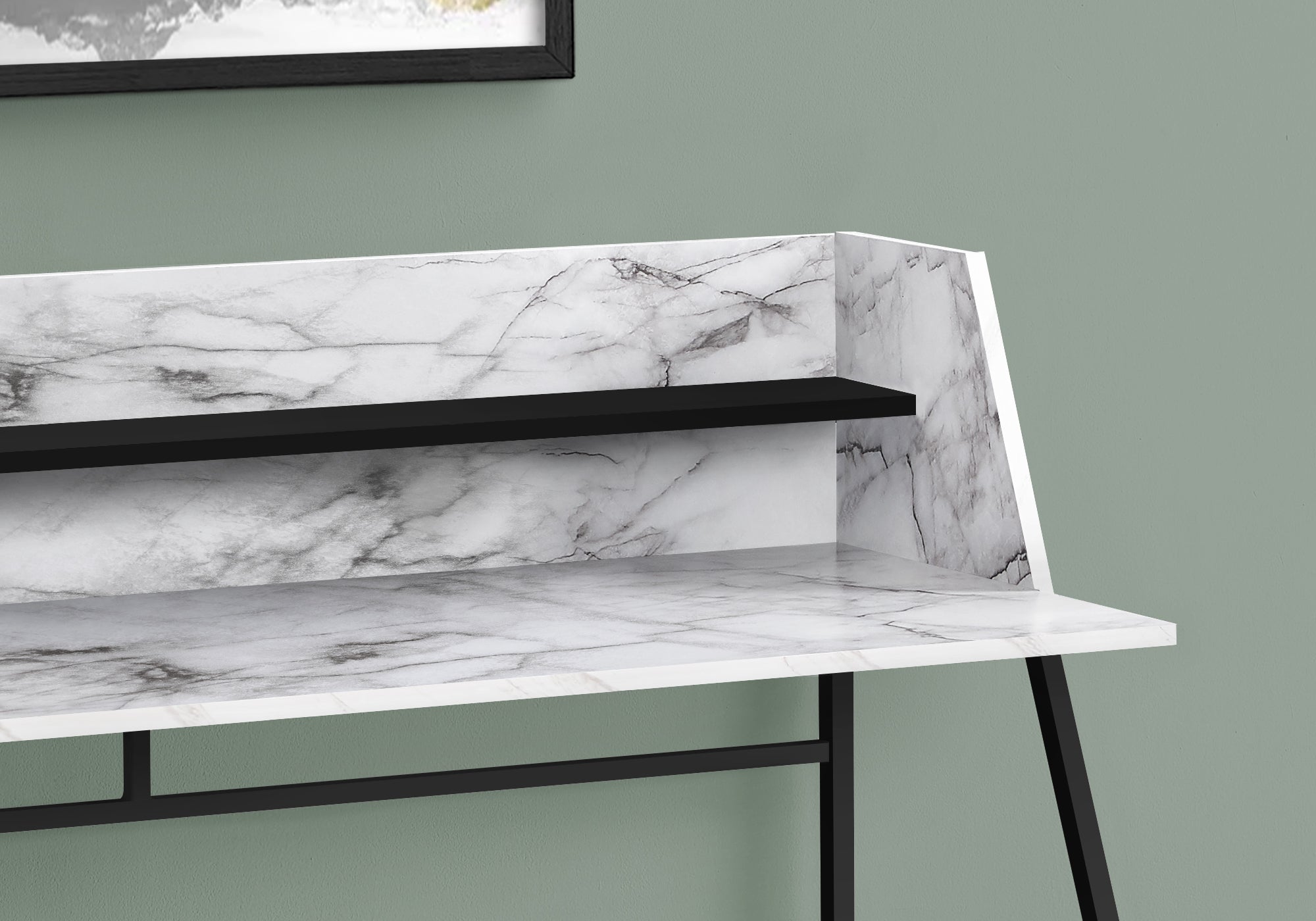 BUREAU D'ORDINATEUR - 48"L / ASPECT MARBRE BLANC / METAL NOIR
