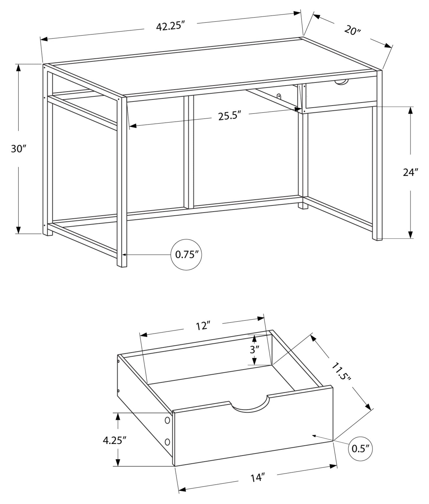 BUREAU D'ORDINATEUR - 42"L / BLANC / MÉTAL BLANC 