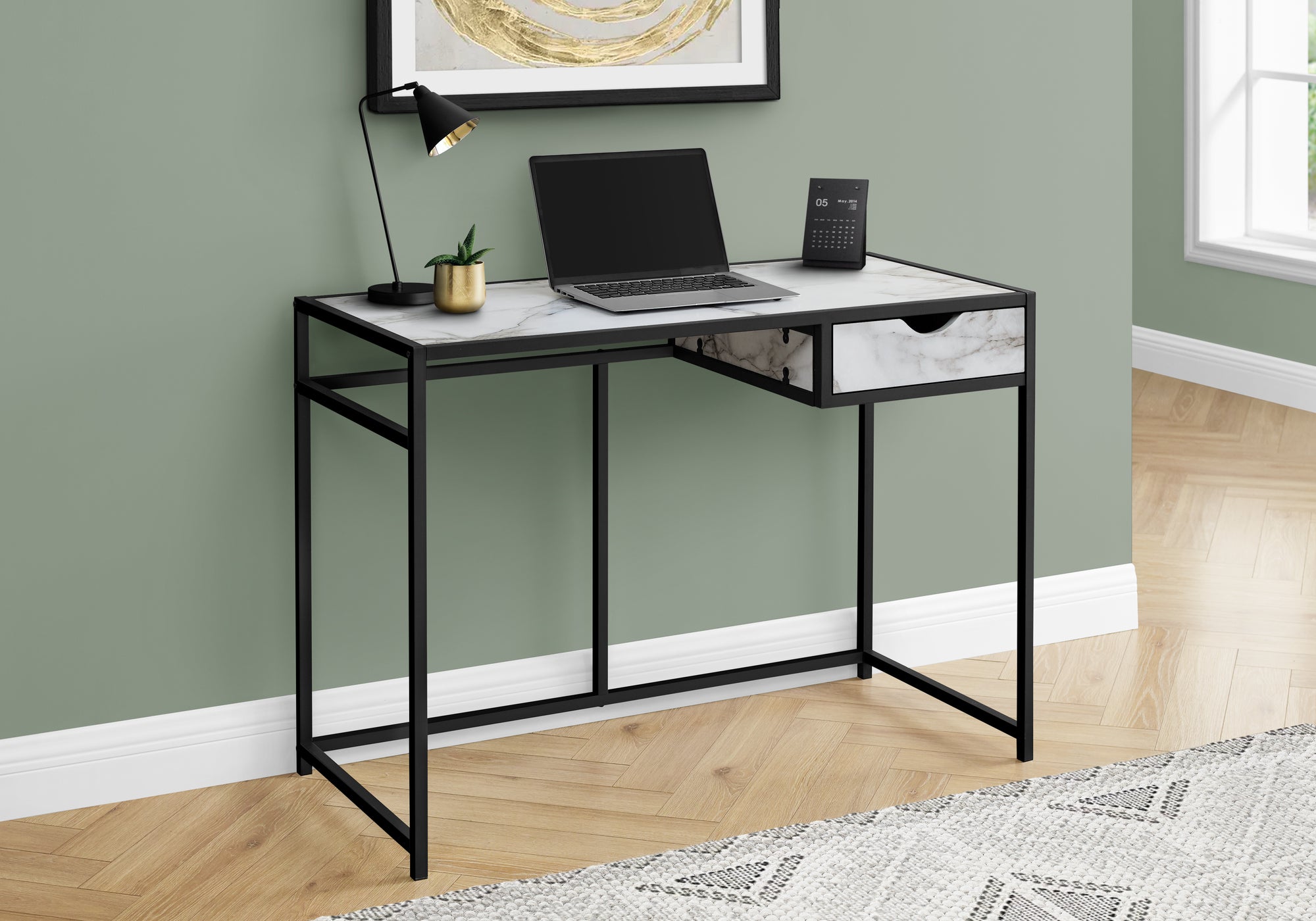 BUREAU D'ORDINATEUR - 42"L / ASPECT MARBRE BLANC / METAL NOIR 