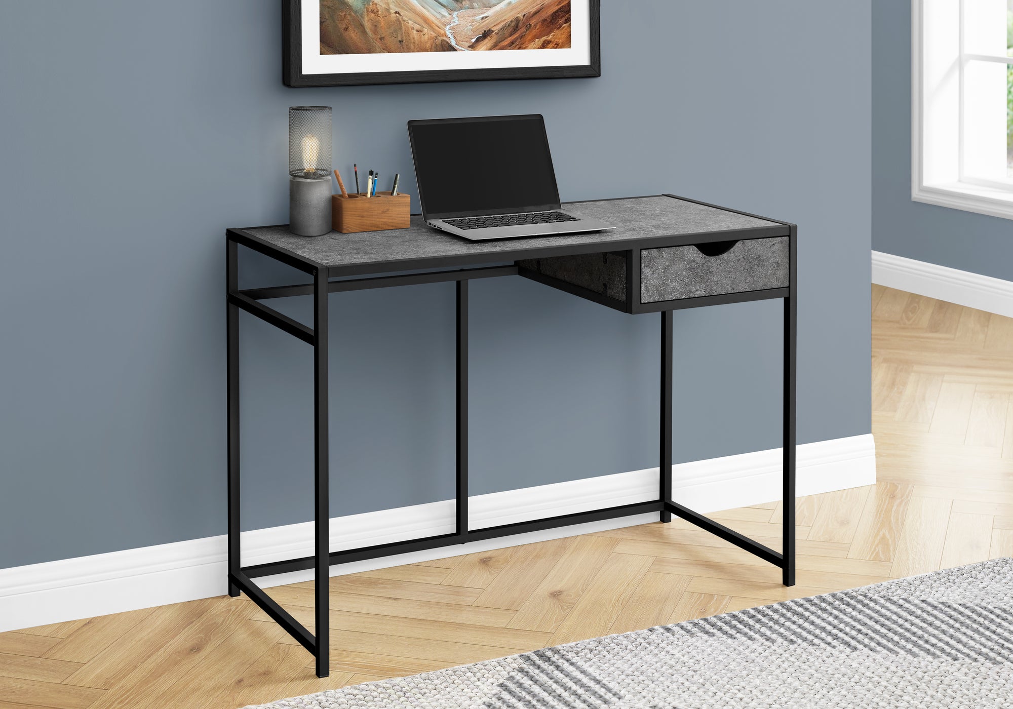 BUREAU D'ORDINATEUR - 42"L / SIMILI PIERRE GRIS / METAL NOIR 
