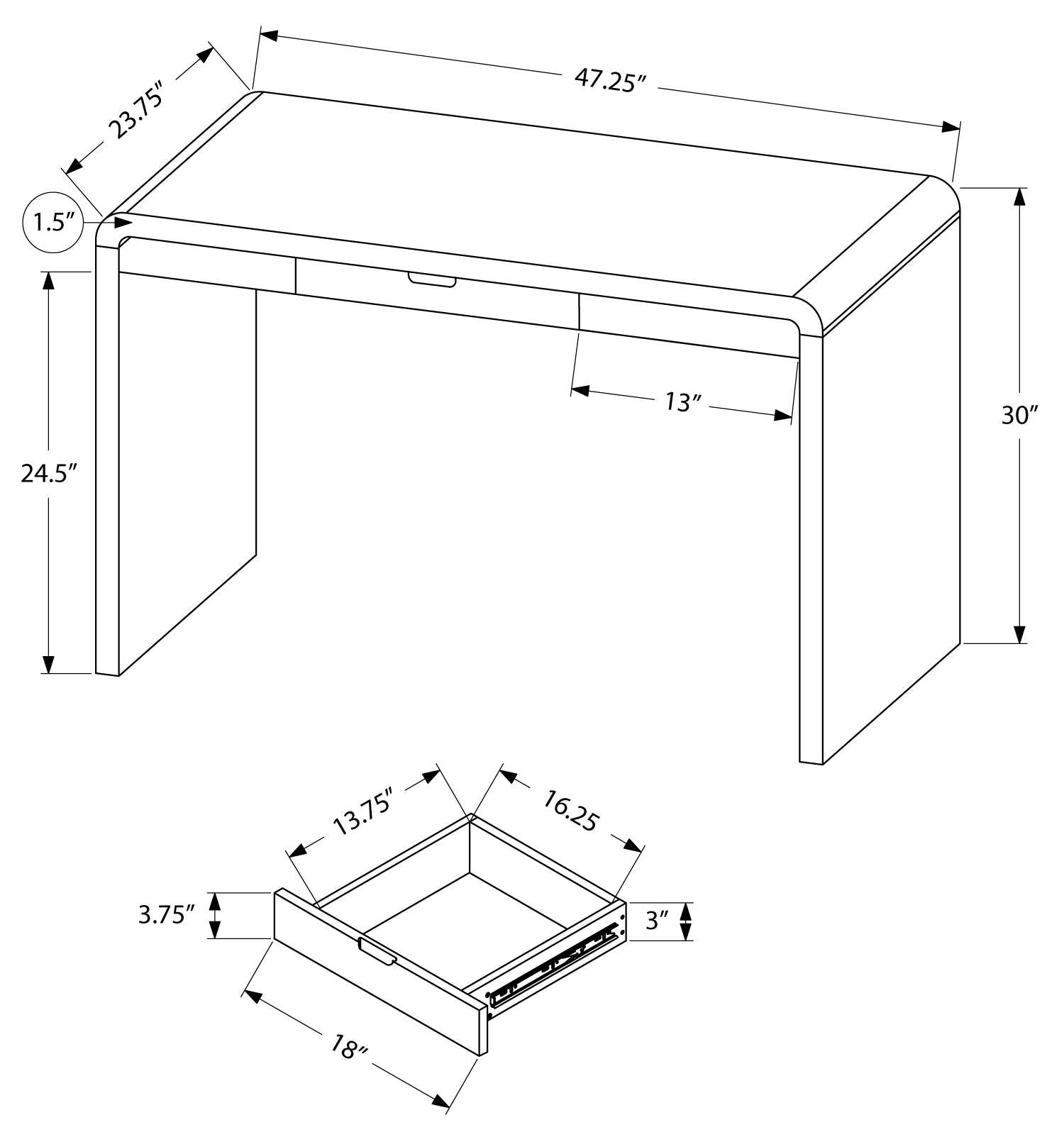 BUREAU D'ORDINATEUR - 48"L / BLANC LUSTRÉ / TIROIR DE RANGEMENT 