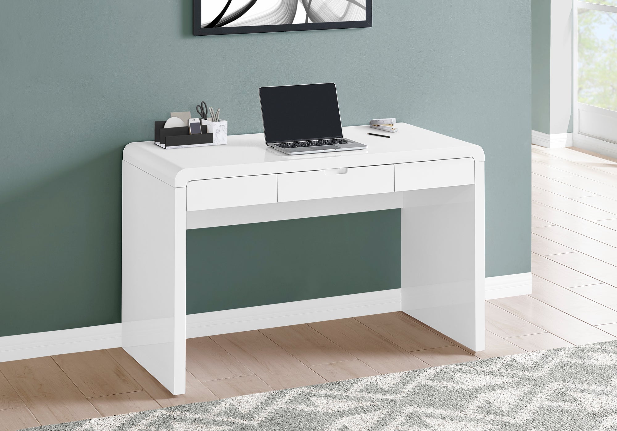 BUREAU D'ORDINATEUR - 48"L / BLANC LUSTRÉ / TIROIR DE RANGEMENT 