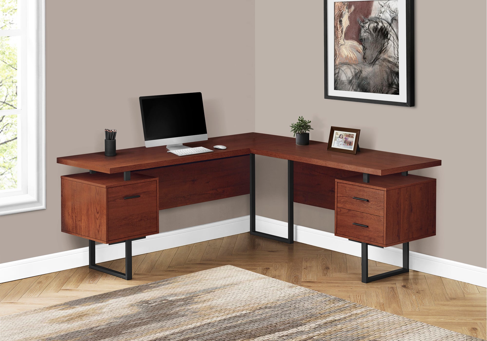 BUREAU D'ORDINATEUR - 70"L / CERISE / METAL NOIR / FACE G/D 