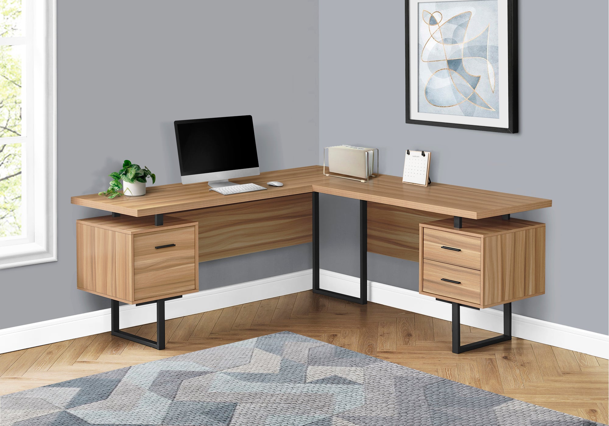 BUREAU D'ORDINATEUR - 70"L / BOIS RÉCUPÉRÉ / MÉTAL NOIR / G/D 