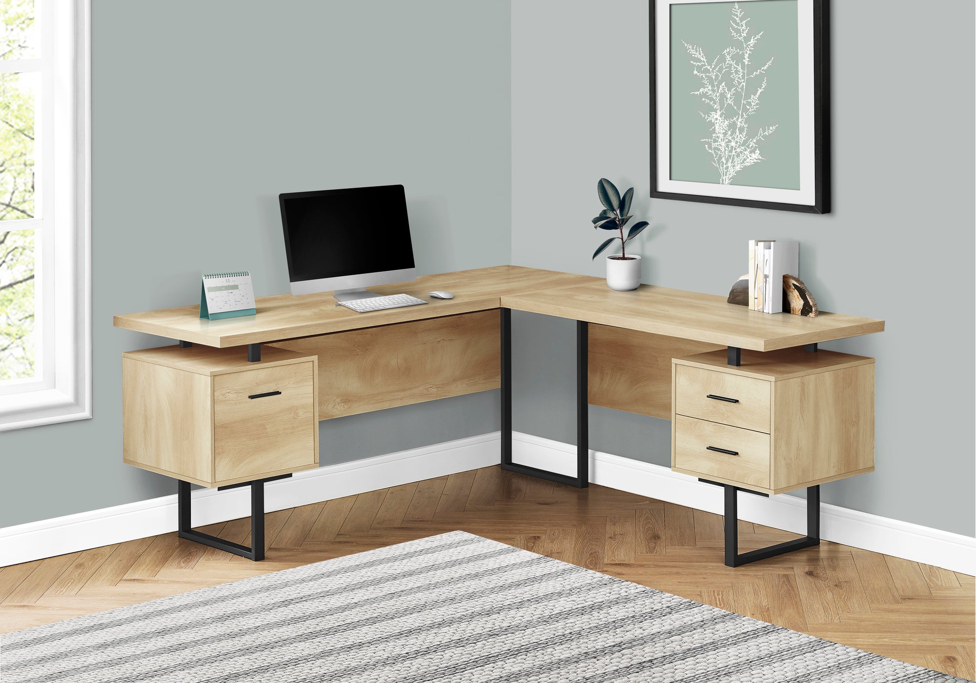 BUREAU D'ORDINATEUR - 70"L / NATUREL / MÉTAL NOIR / FAÇADE G/D 