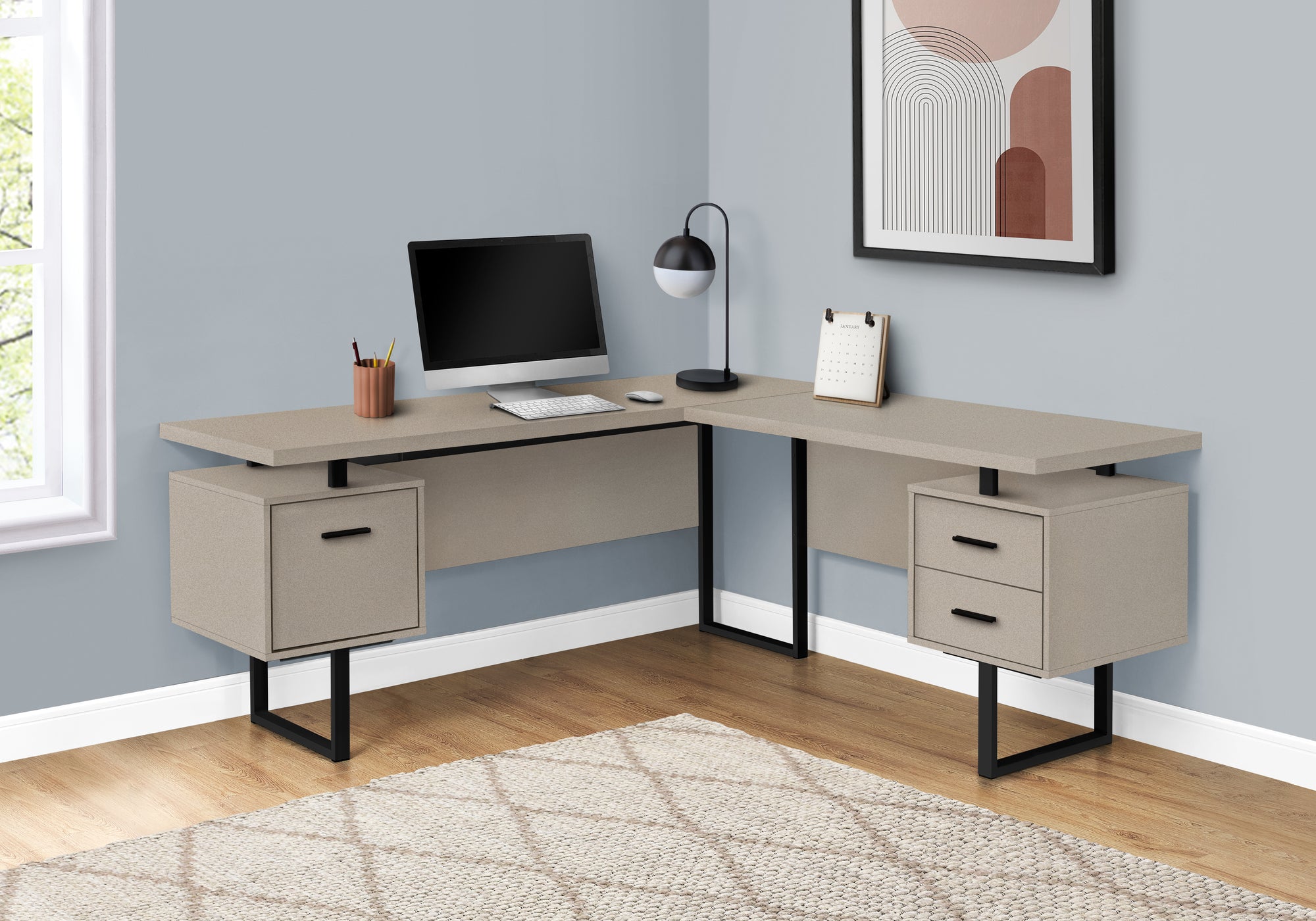 BUREAU D'ORDINATEUR - 70"L / TAUPE MODERNE / METAL NOIR / G/D 