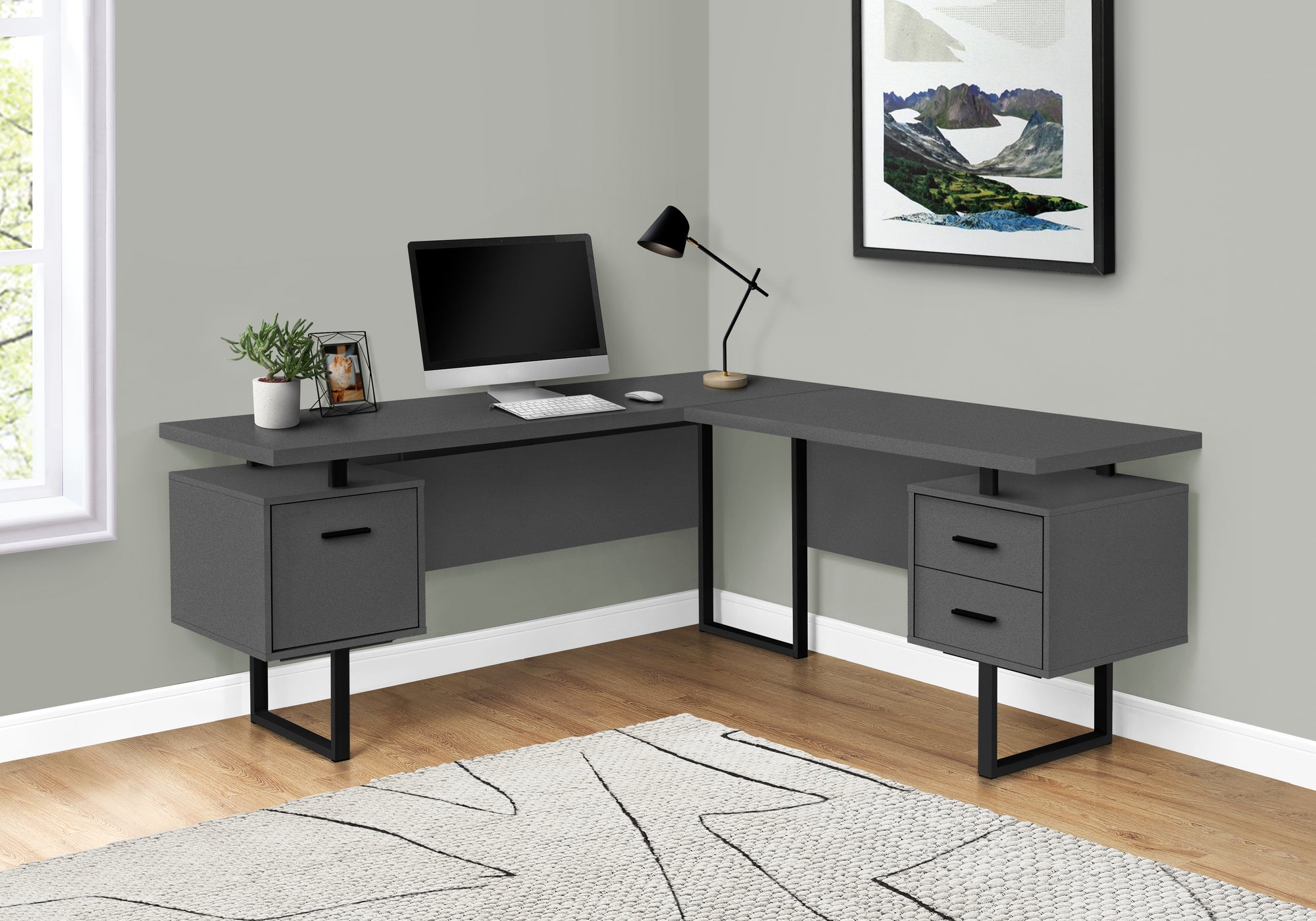 BUREAU D'ORDINATEUR - 70"L / GRIS MODERNE / METAL NOIR / G/D 