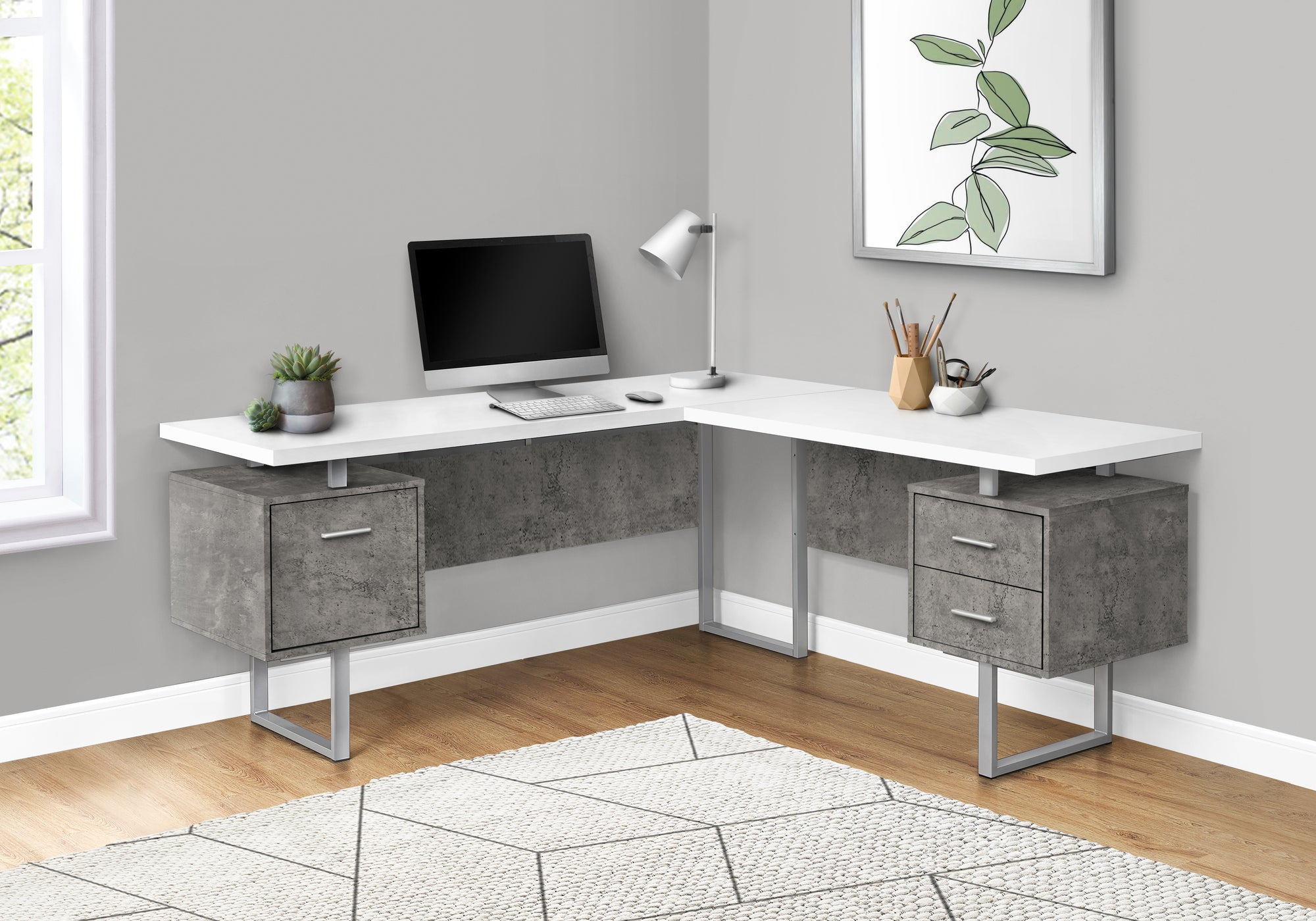 BUREAU D'ORDINATEUR - 70"L / BLANC/ BÉTON/ MÉTAL ARGENT/ G/D 