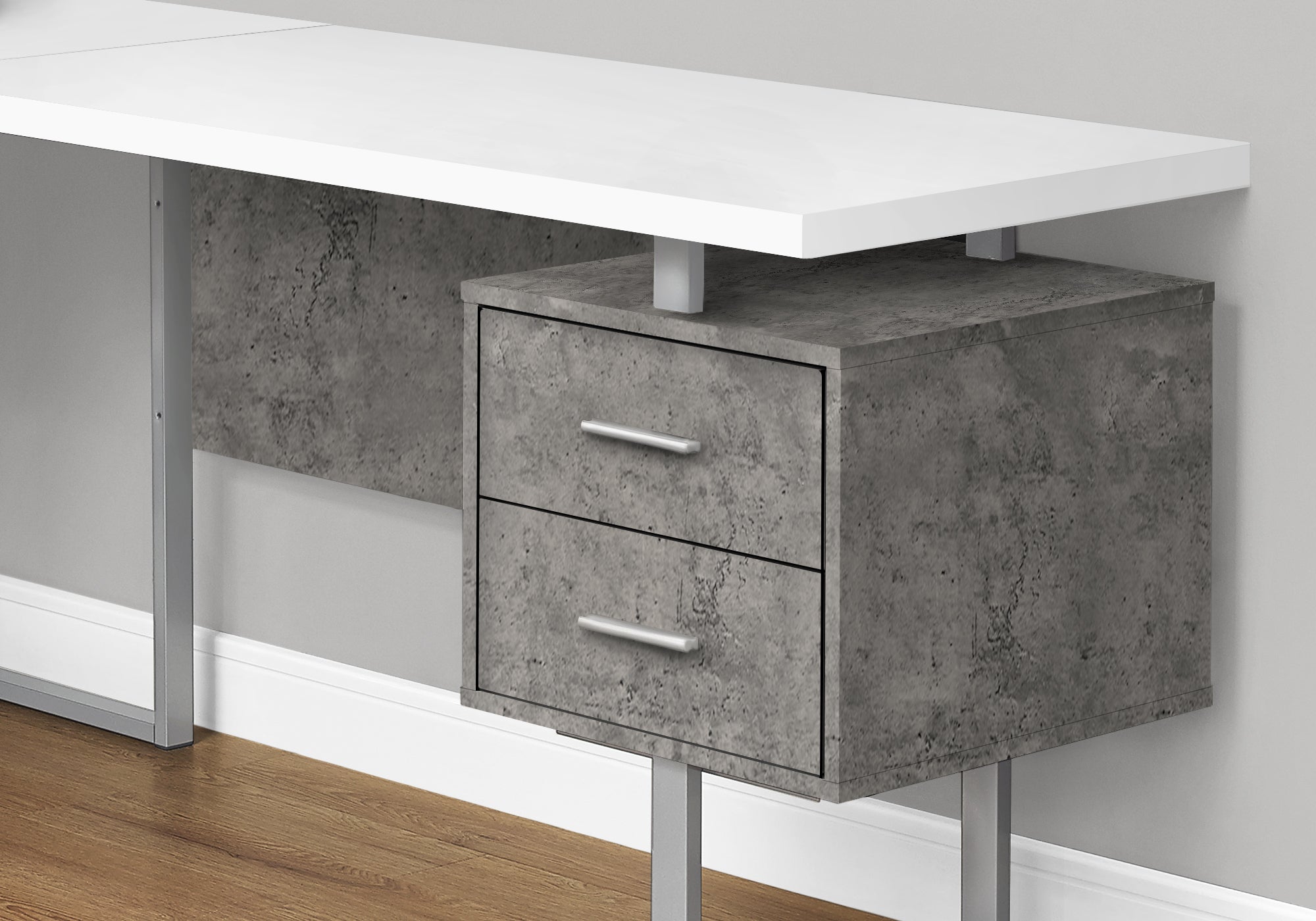 BUREAU D'ORDINATEUR - 70"L / BLANC/ BÉTON/ MÉTAL ARGENT/ G/D 