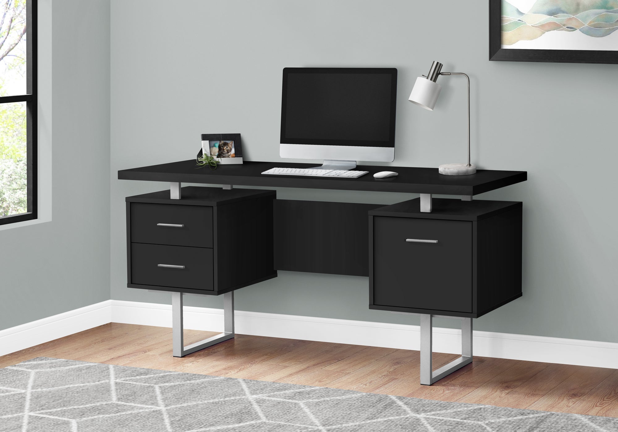 BUREAU D'ORDINATEUR - 60"L / NOIR / METAL ARGENT 