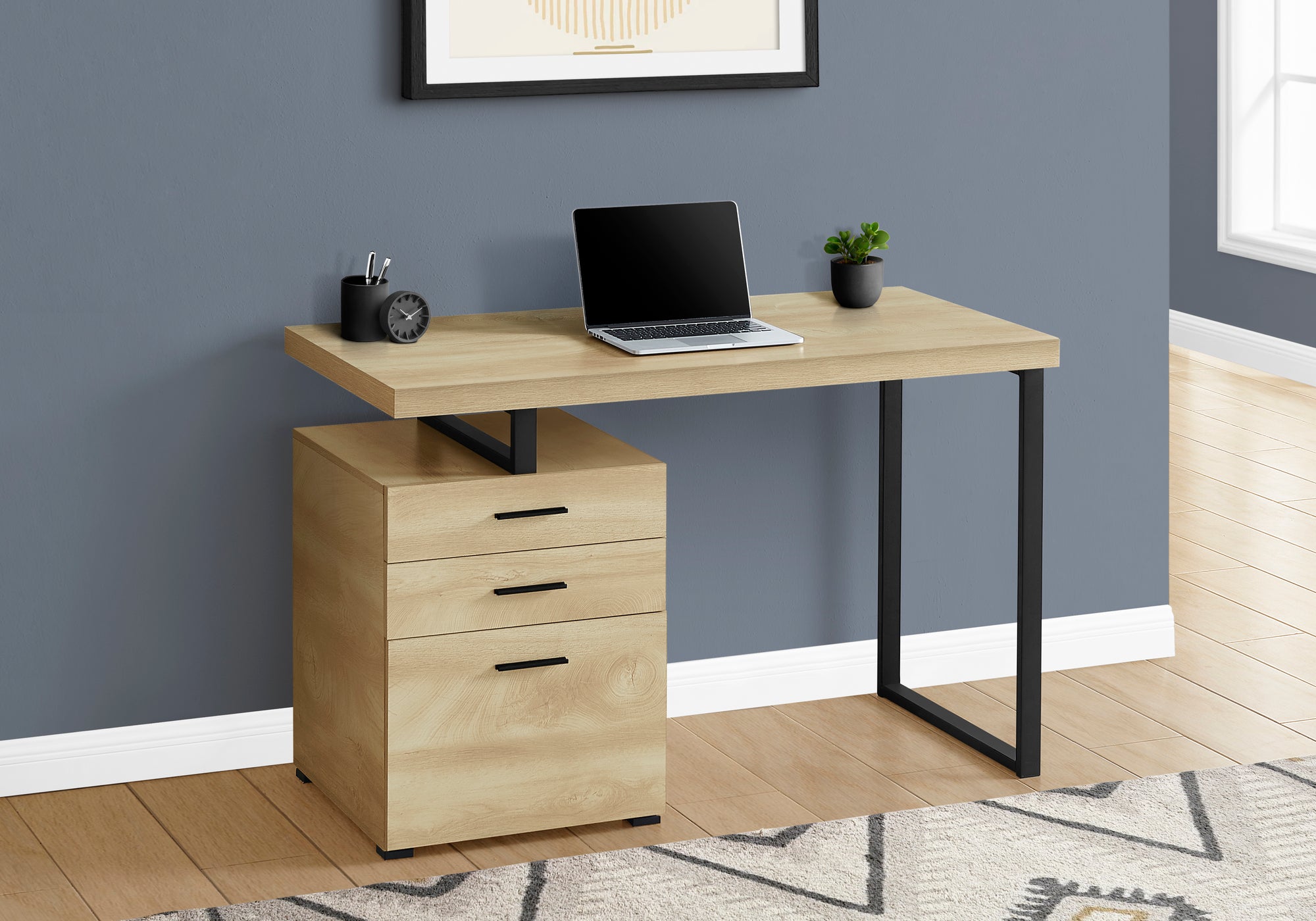 BUREAU D'ORDINATEUR - 48"L / NATUREL / MÉTAL NOIR / FAÇADE G/D 