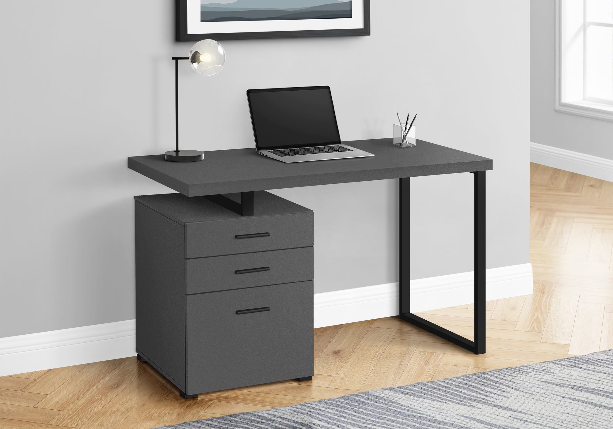 BUREAU D'ORDINATEUR - 48"L / GRIS MODERNE / METAL NOIR / G/D 
