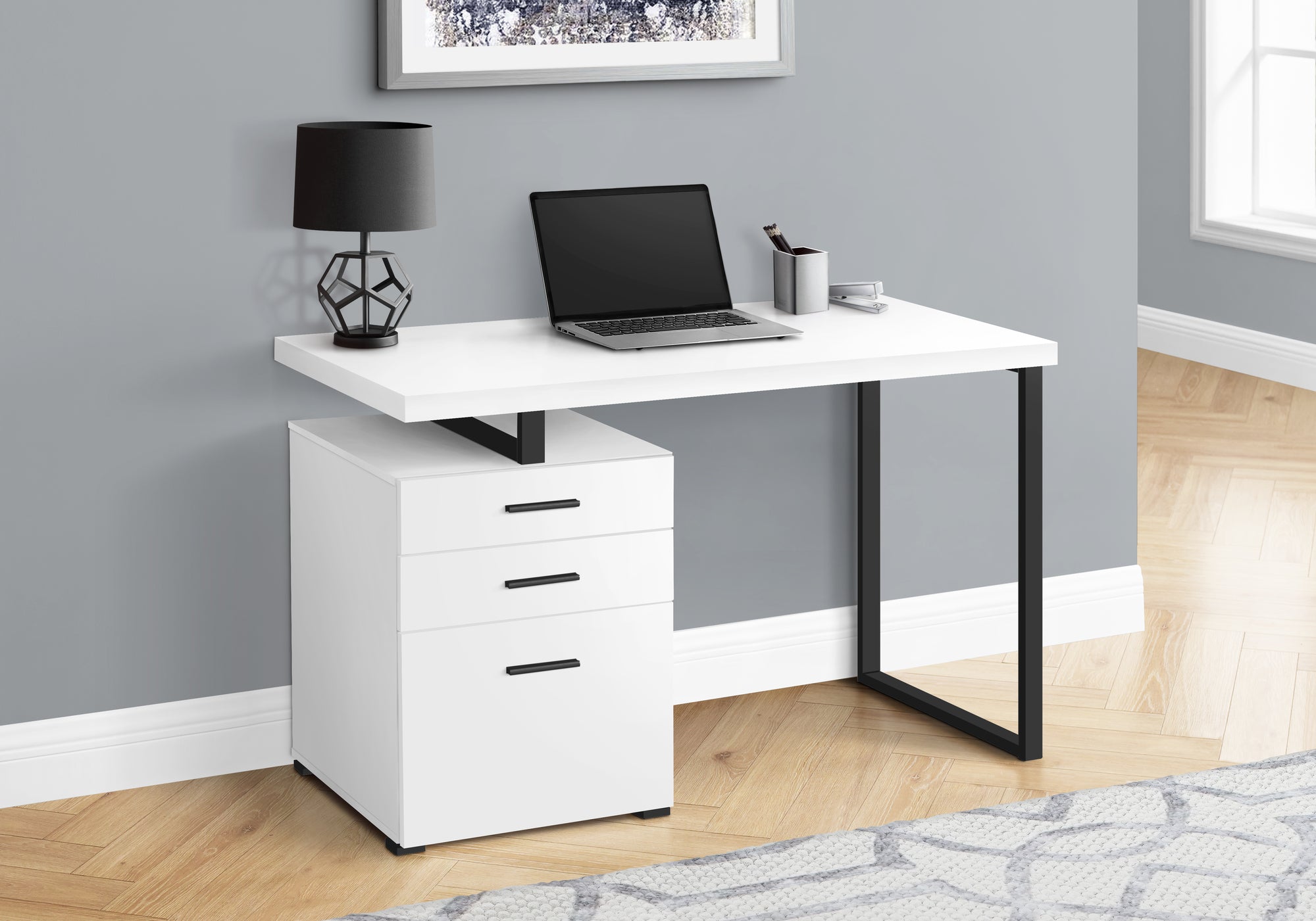BUREAU D'ORDINATEUR - 48"L / BLANC / METAL NOIR / FACE G/D 