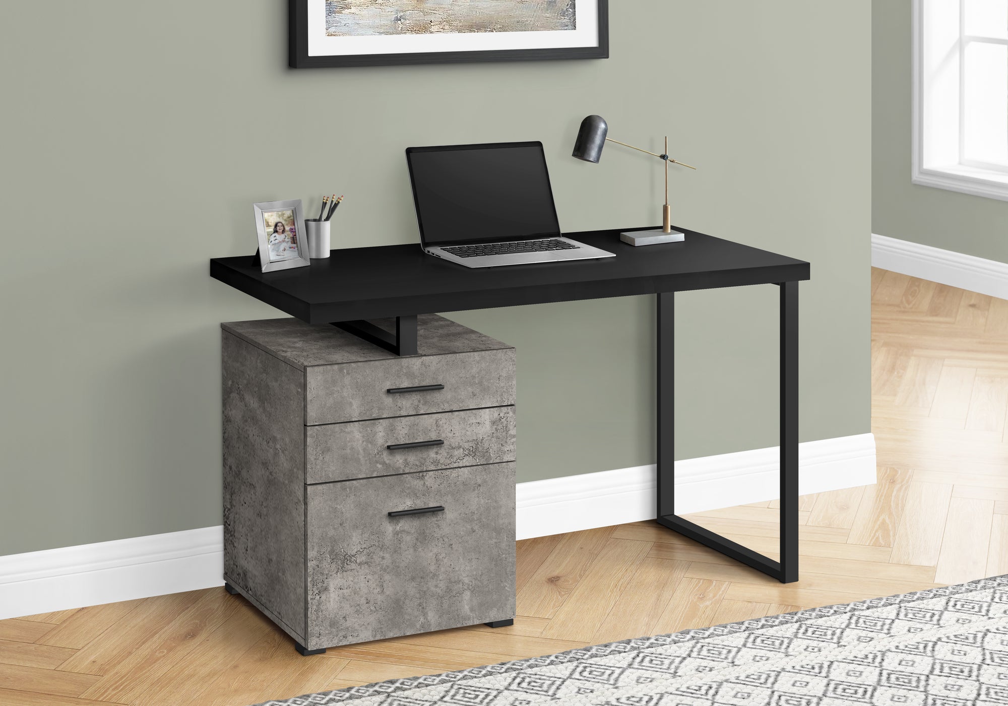 BUREAU D'ORDINATEUR - 48"L / NOIR/ BÉTON/ MÉTAL NOIR / G/D 