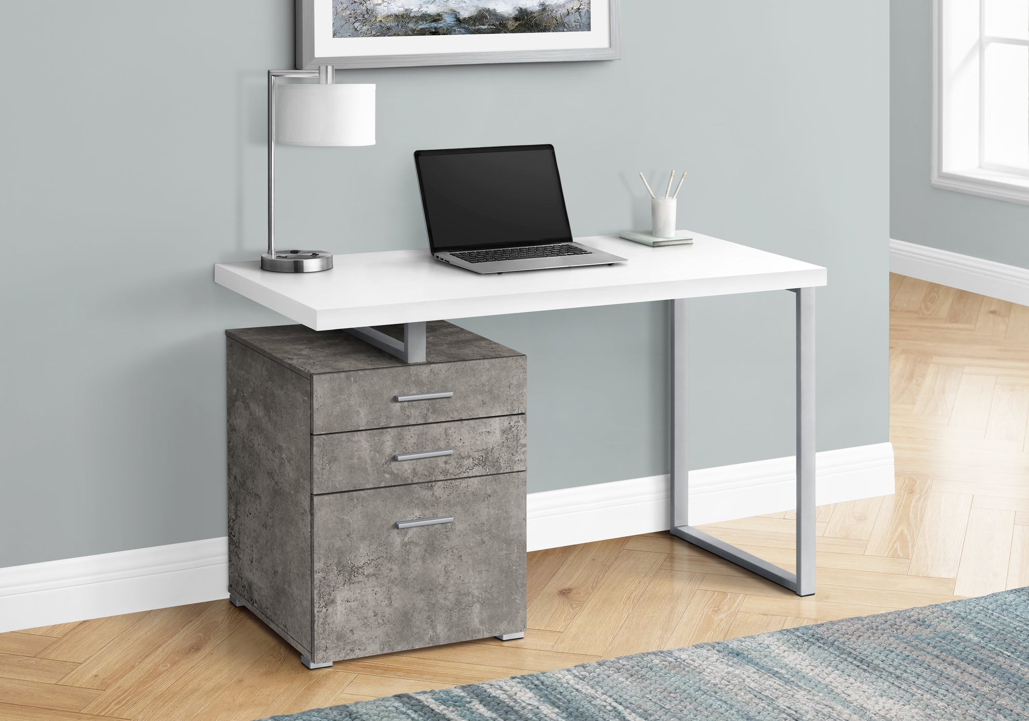 BUREAU D'ORDINATEUR - 48"L / BLANC/ BÉTON/ MÉTAL ARGENT/ G/D 