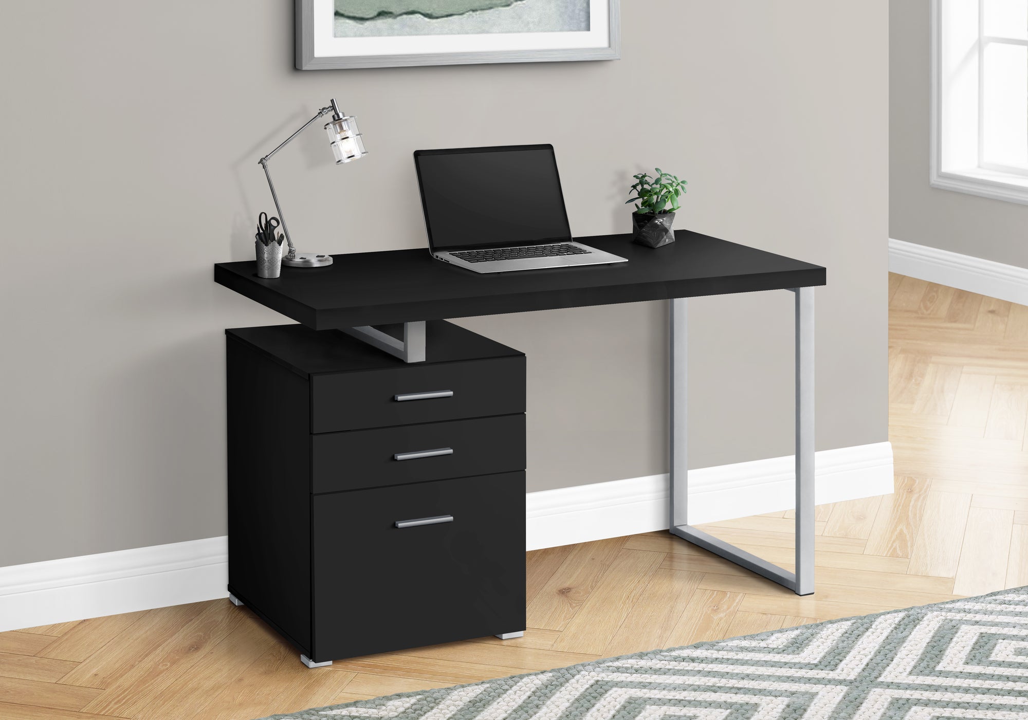 BUREAU D'ORDINATEUR - 48"L / NOIR / METAL ARGENT / FACE G/D 