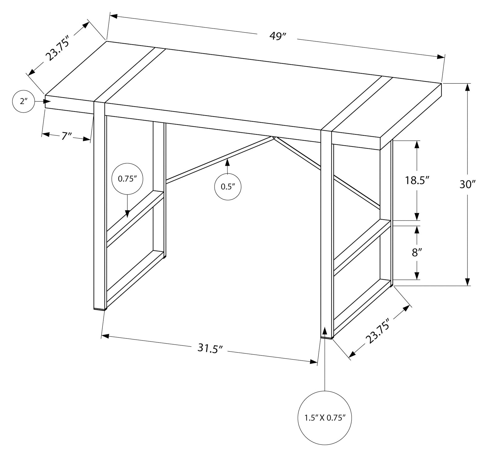BUREAU D'ORDINATEUR - 48"L / ASPECT BÉTON GRIS / MÉTAL ARGENT 