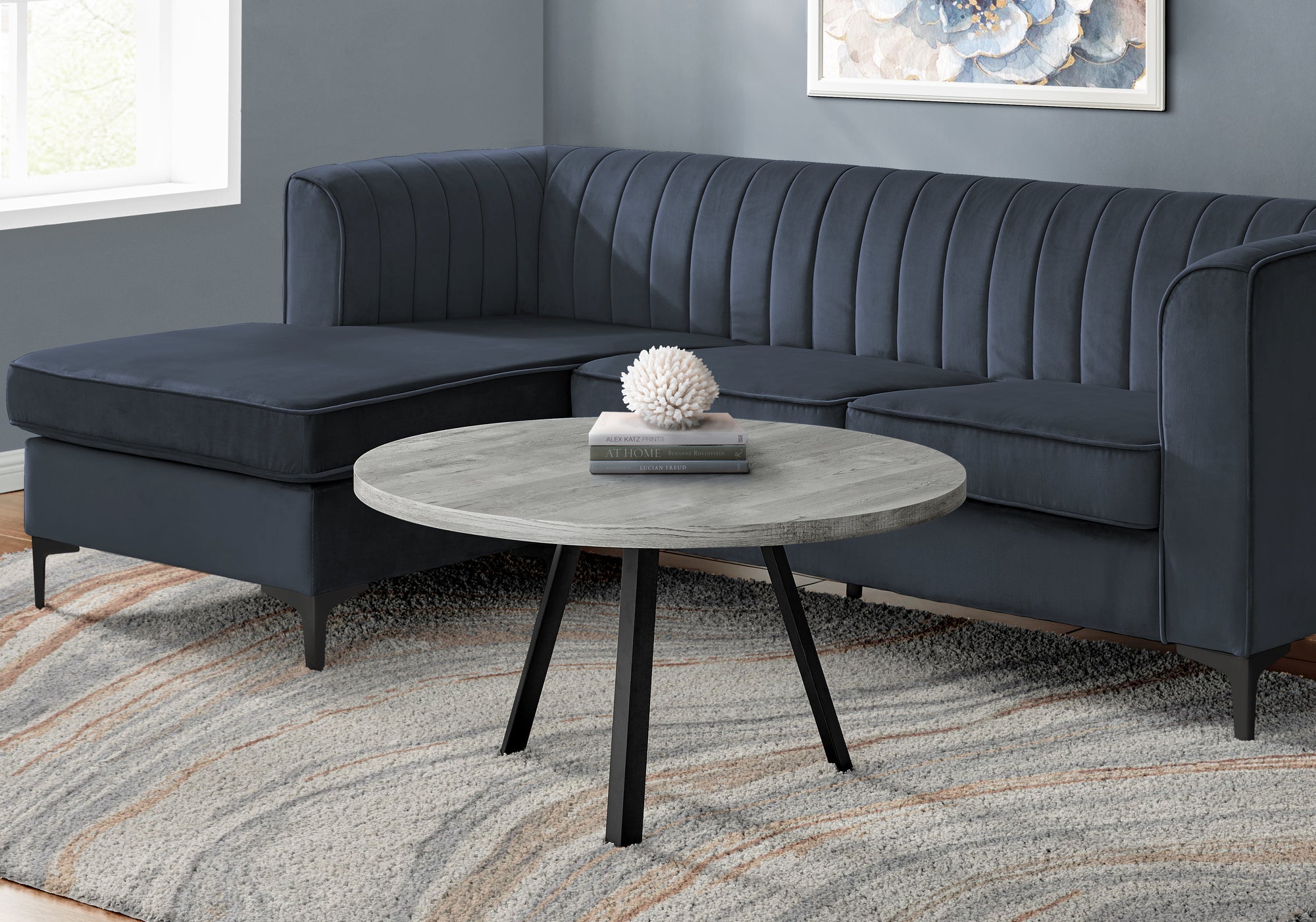 TABLE BASSE - 36"DIA/ BOIS DE RÉCUPÉRATION GRIS / MÉTAL NOIR 
