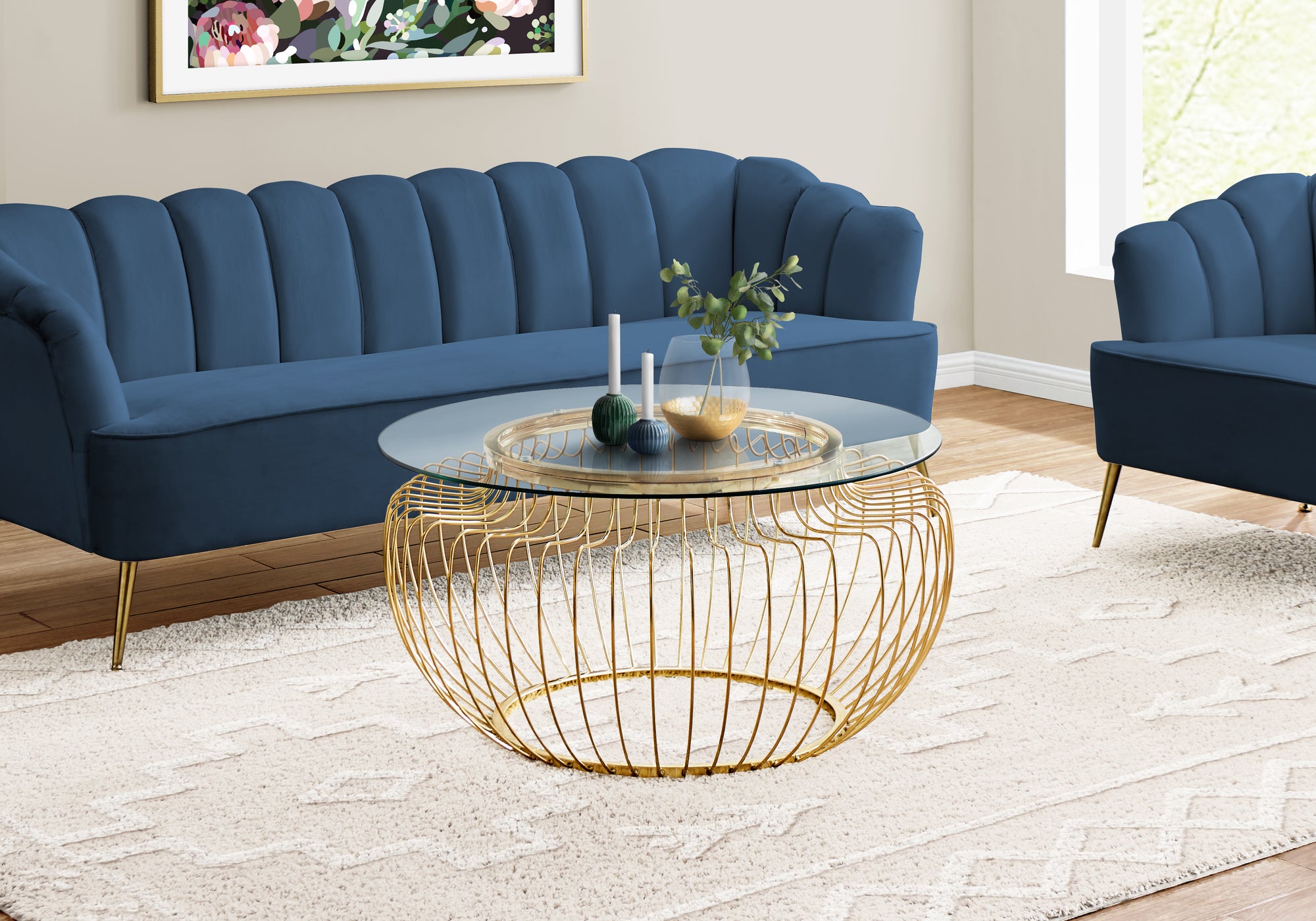 TABLE BASSE - 36"DIA / MÉTAL DORÉ AVEC VERRE TREMPÉ 
