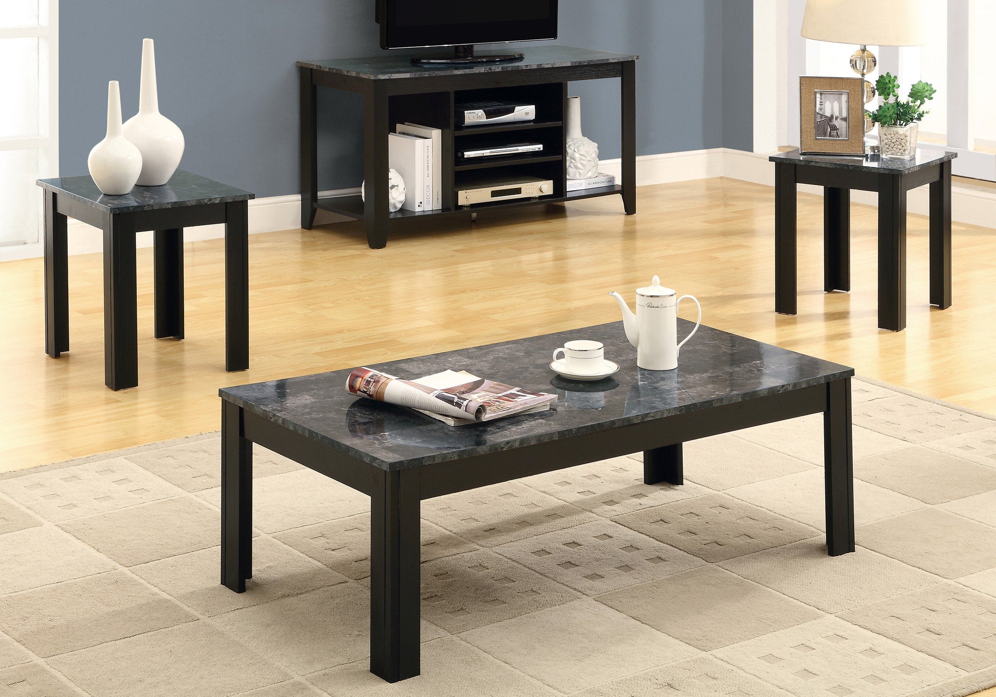SET DE TABLE - SET 3PCS / NOIR / PLATEAU ASPECT MARBRE GRIS 