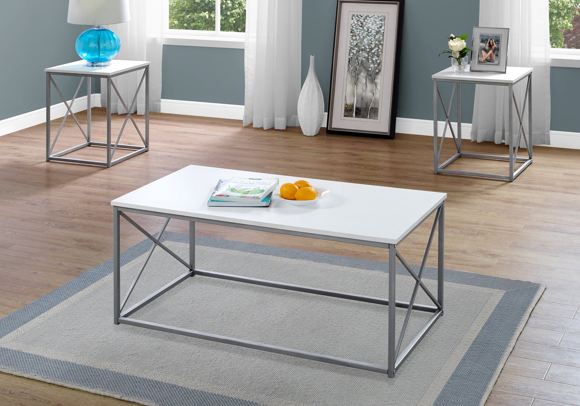 SET DE TABLE - 3PCS / BLANC / METAL ARGENT