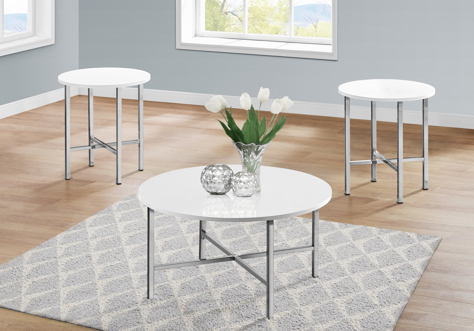 SET DE TABLE - SET 3PCS / BLANC BRILLANT / METAL CHROME