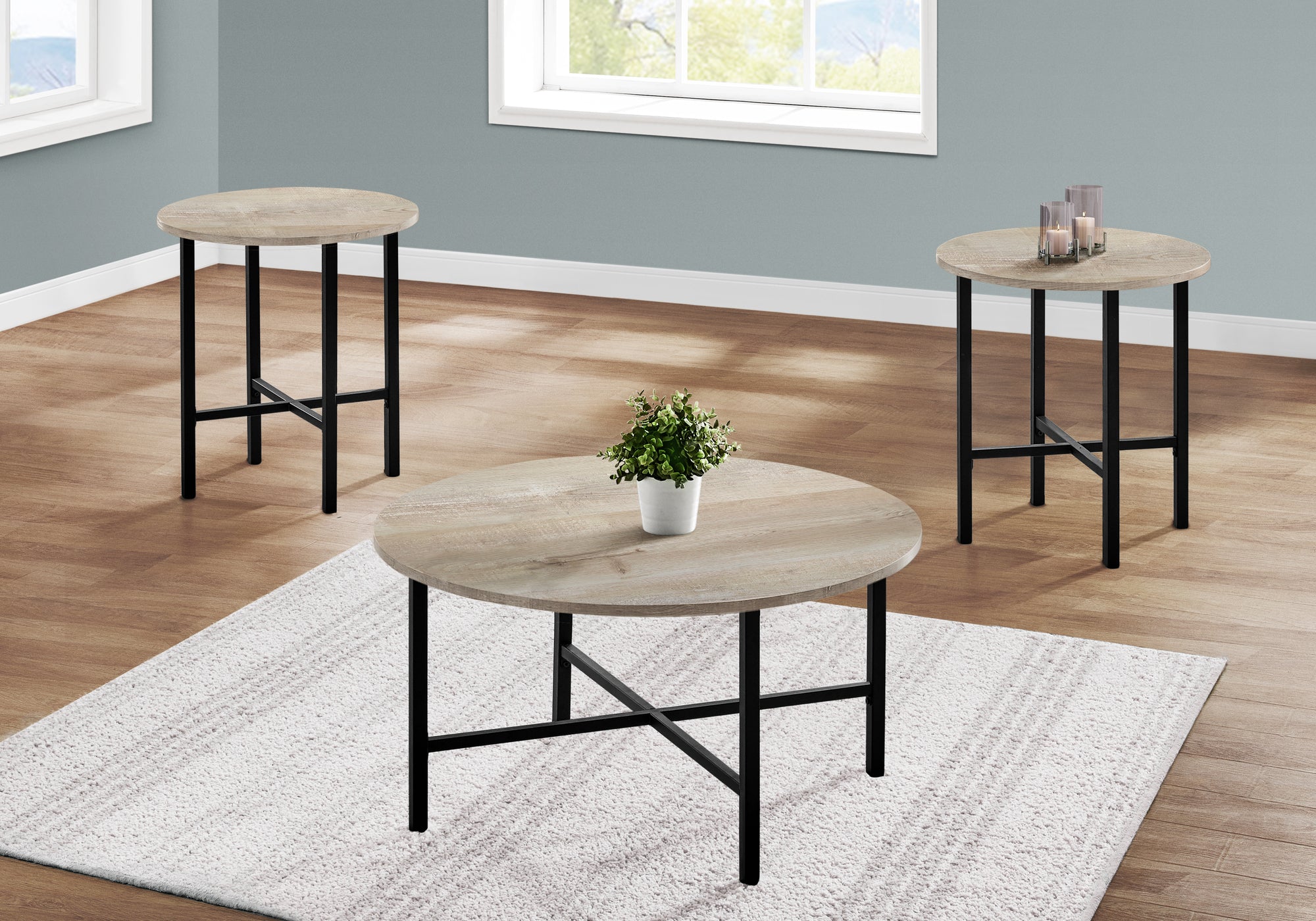 ENSEMBLE DE TABLE - ENSEMBLE DE 3PCS / BOIS TAUPE / MÉTAL NOIR 