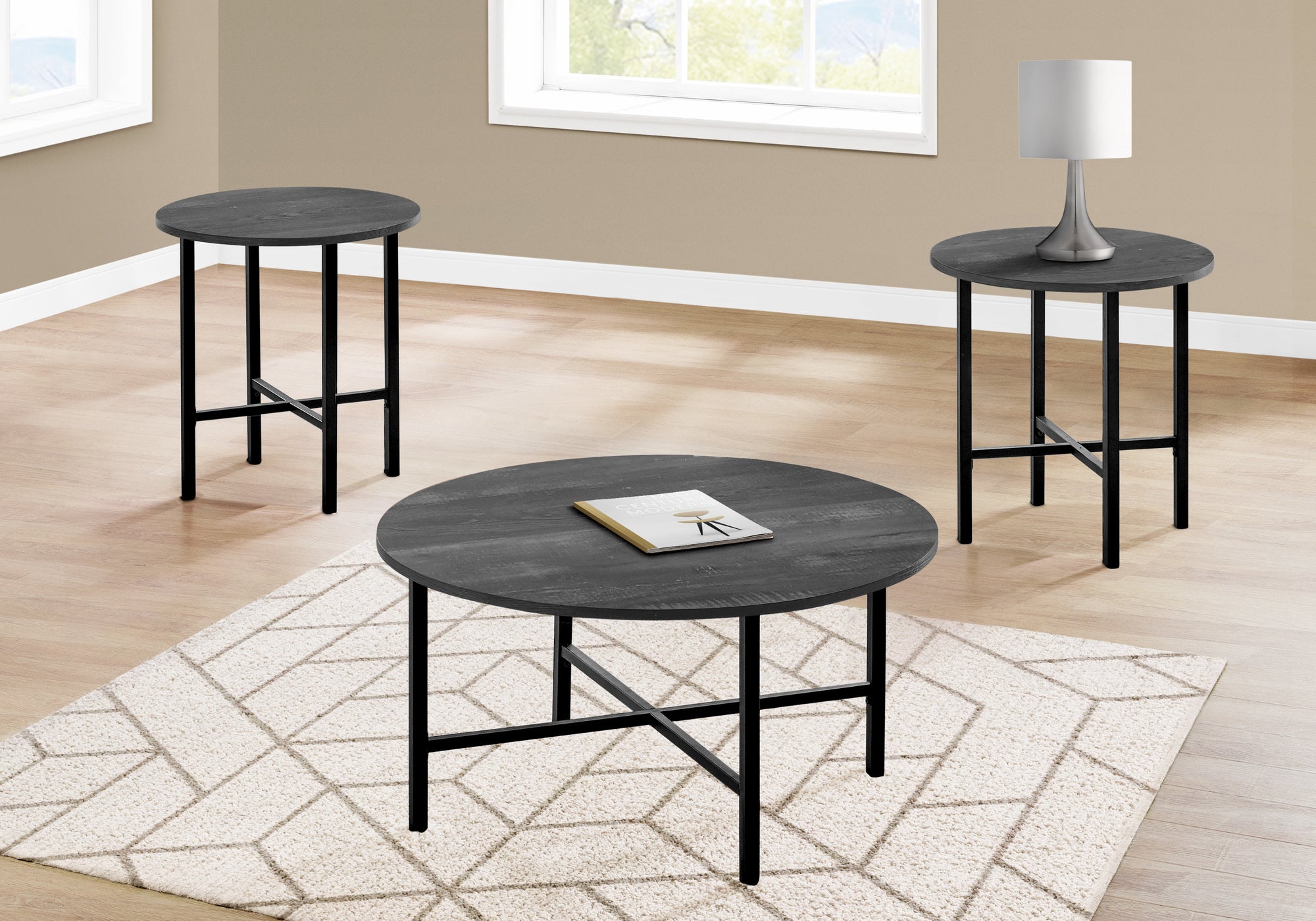 ENSEMBLE DE TABLE - ENSEMBLE DE 3PCS / BOIS RÉCUPÉRÉ NOIR / MÉTAL NOIR 