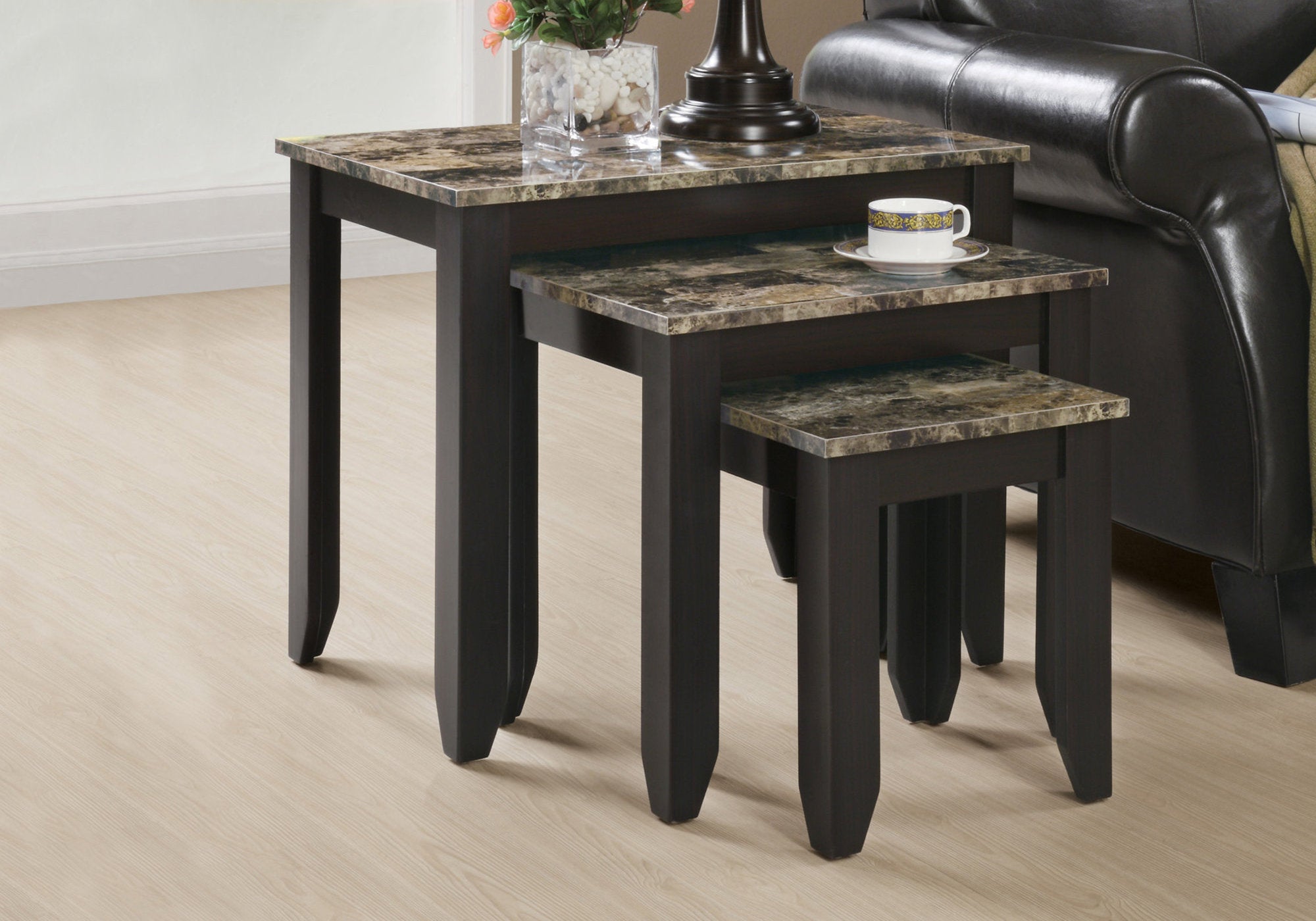 TABLE GIGOGNE - ENSEMBLE 3PCS / PLATEAU MARBRE ESPRESSO