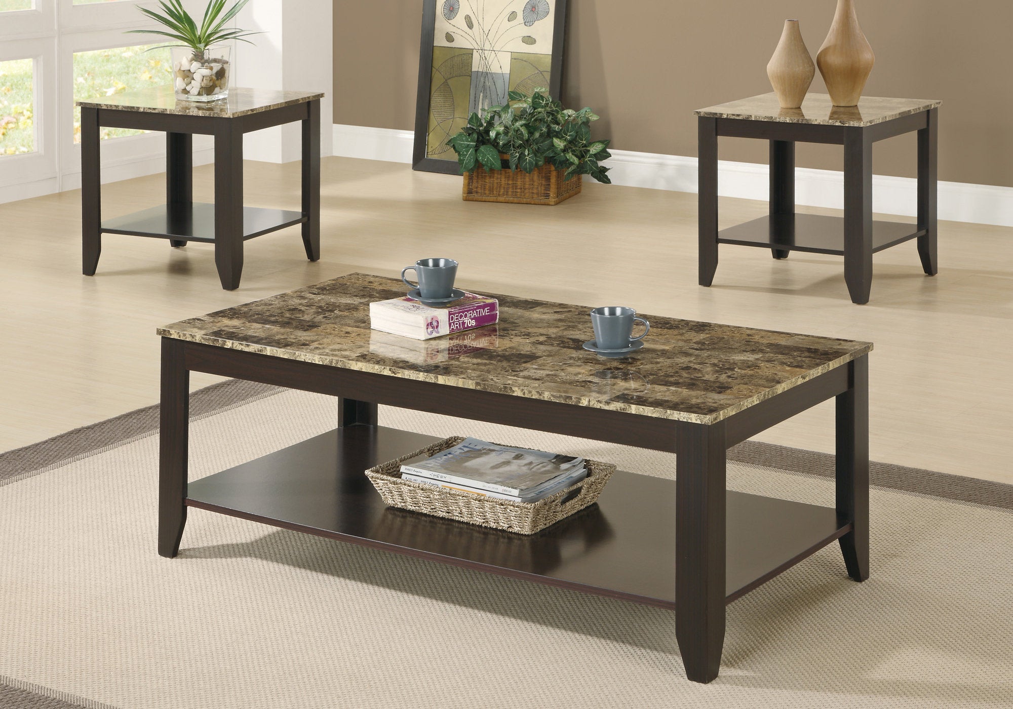 ENSEMBLE DE TABLE - ENSEMBLE 3PCS / ESPRESSO / PLATEAU ASPECT MARBRE 