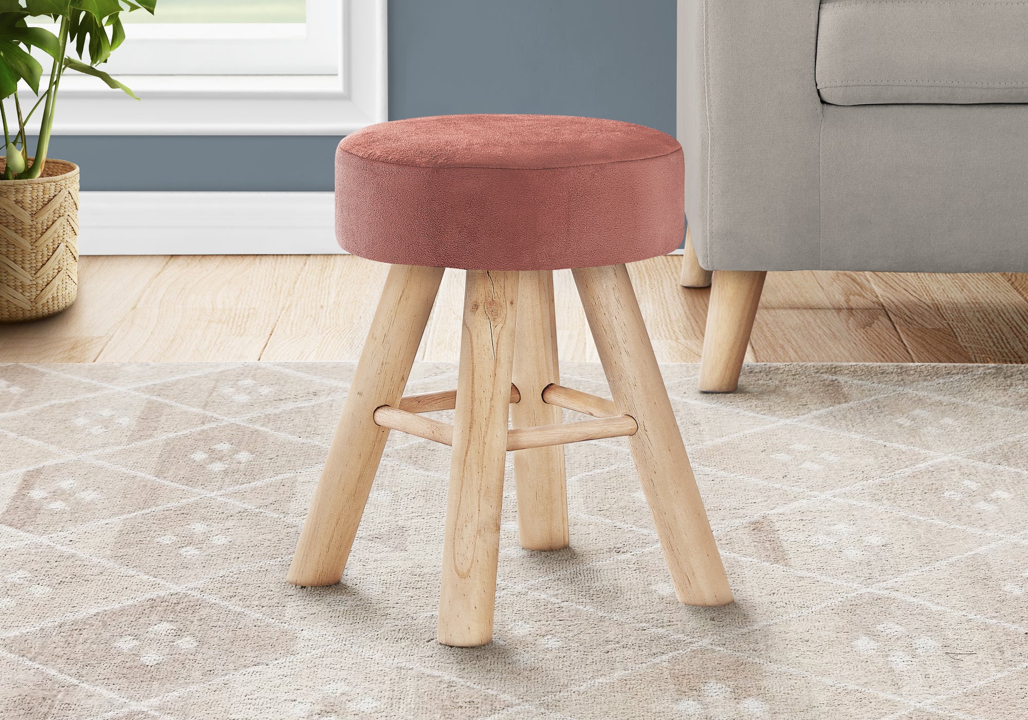 POUF - VELOURS ROSE FONCE / PIEDS BOIS NATUREL 