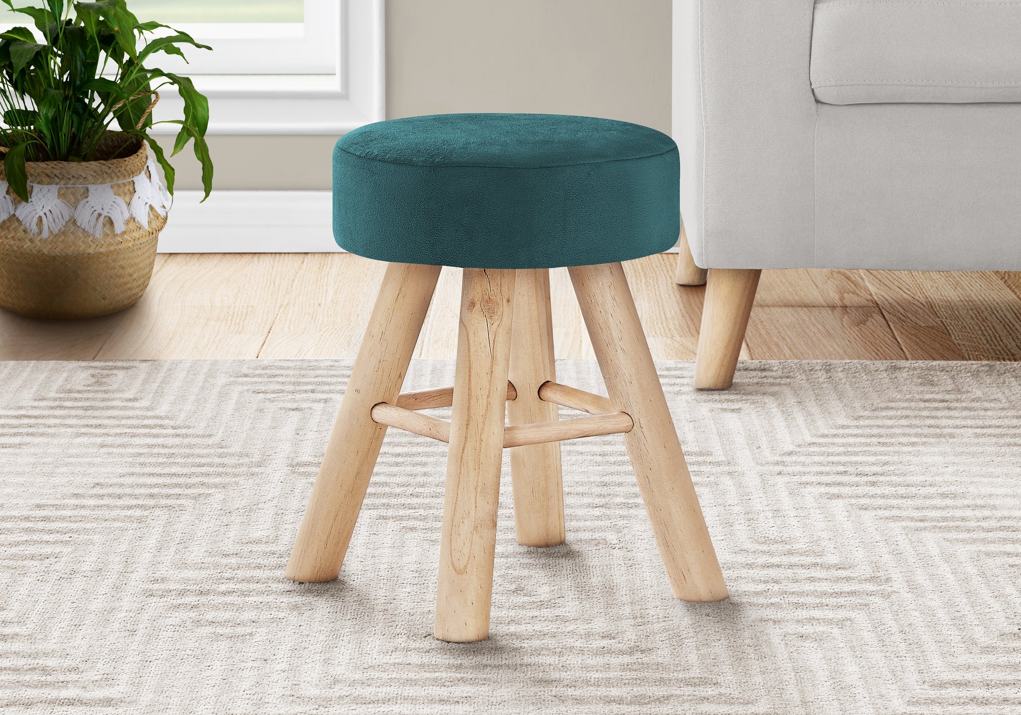 POUF - VELOURS TURQUOISE / PIEDS BOIS NATUREL 