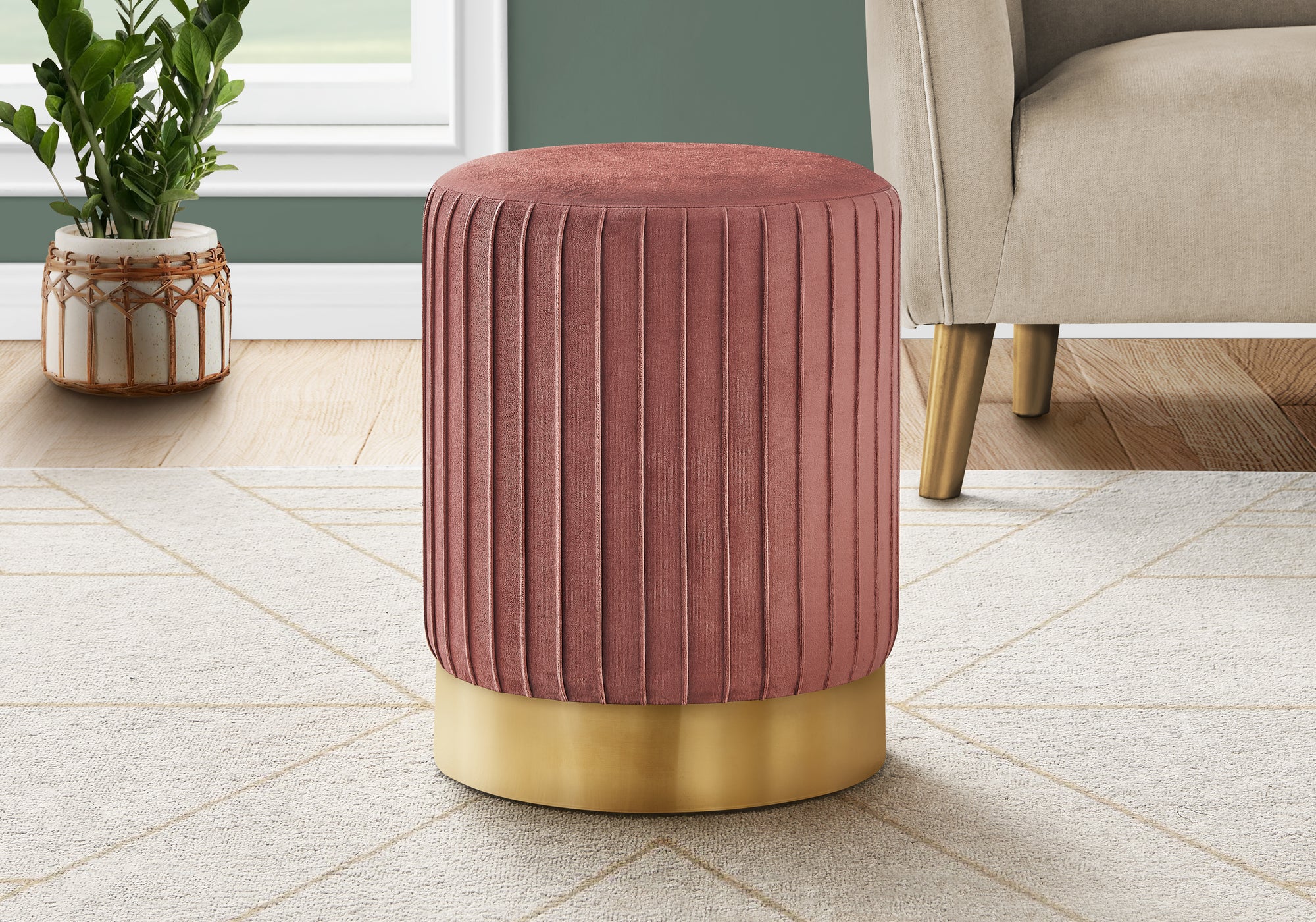 POUF - VELOURS ROSE FONCÉ / SOCLE MÉTAL DORÉ 