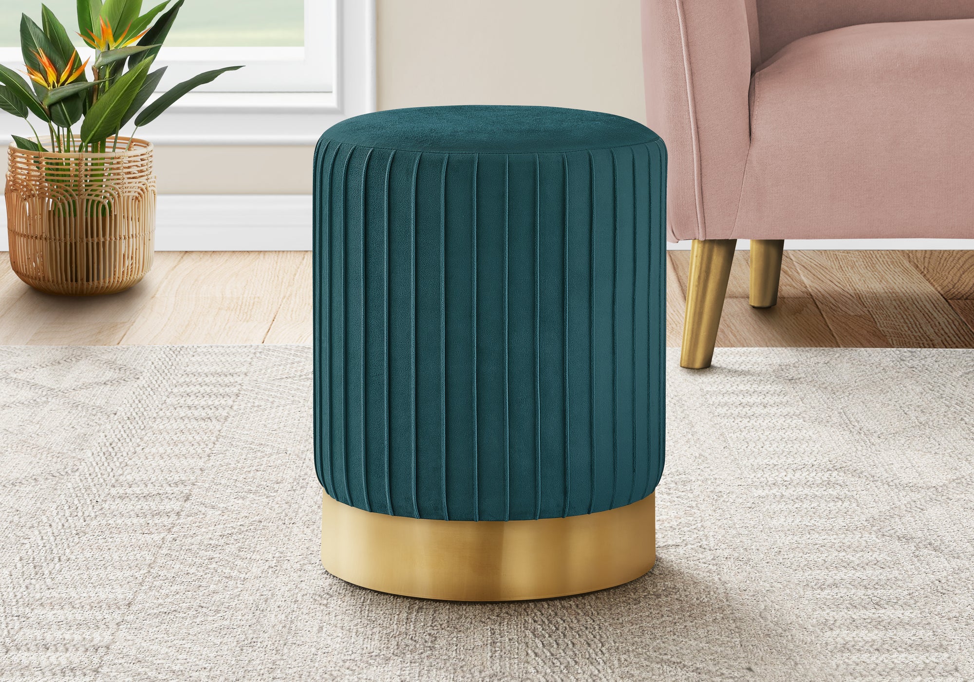 POUF - VELOURS TURQUOISE / SOCLE MÉTAL DORÉ 