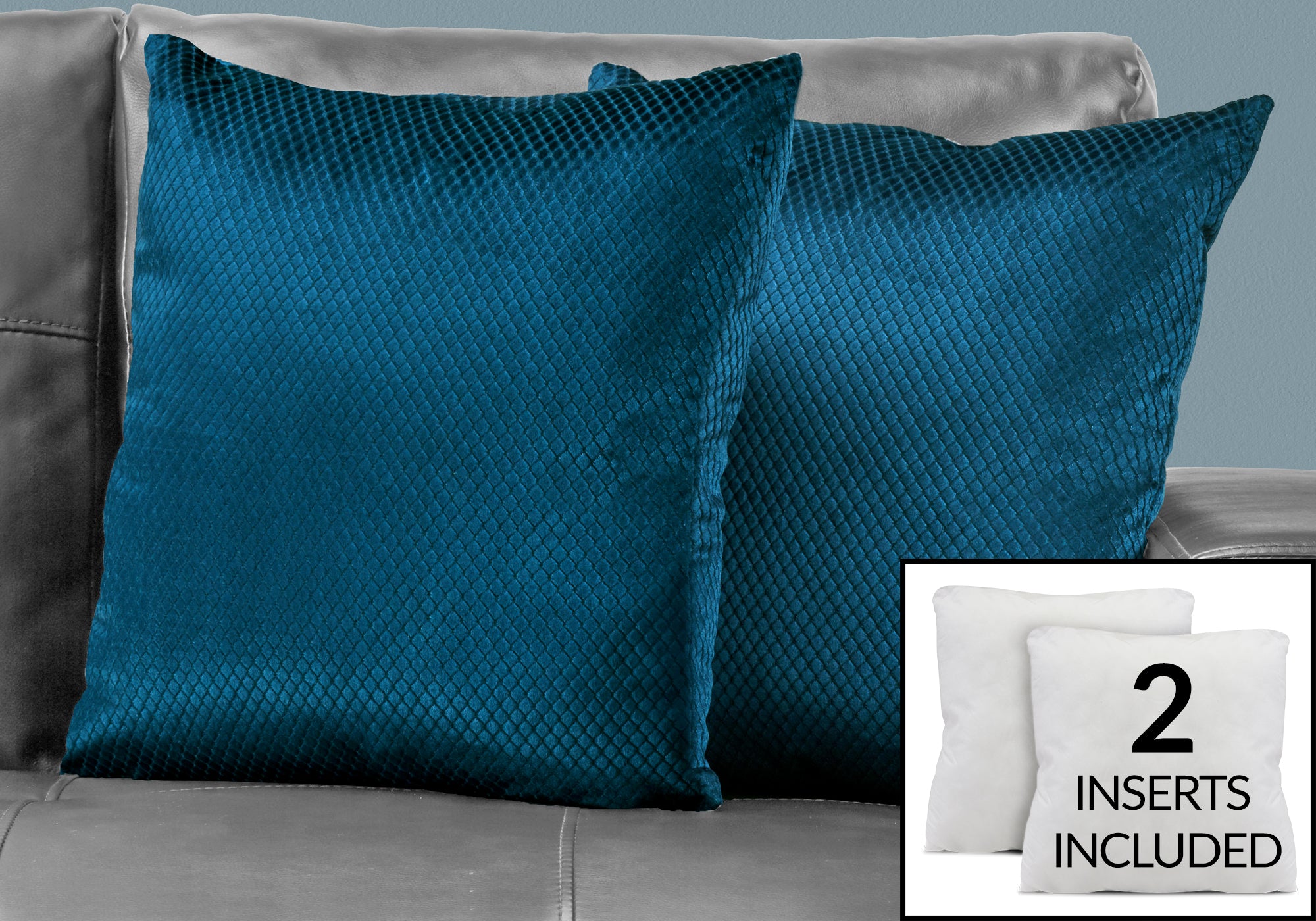 COUSSIN - 18"X 18" / VELOURS BLEU DIAMANT ACIER / 2PCS 